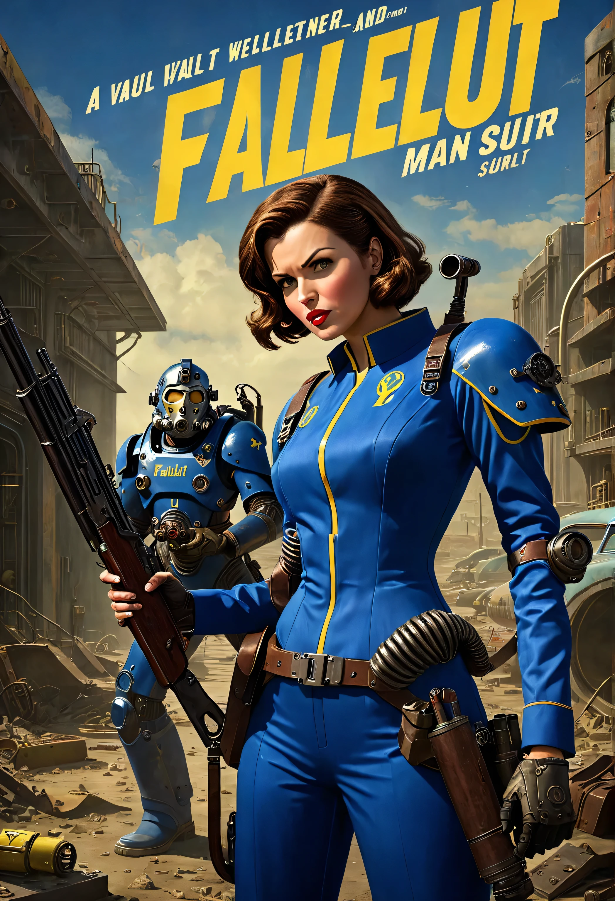 there is a woman in a dress standing in front of a giant robot, by Don Maitz, portrait of sofia vergara, promotional art, attractive brown hair woman, retropunk, protagonist in foreground, inspired by Louis Pohl, mechanic, anime visual of a young woman, compute shader, inspired by Donato Giancola, youtube thumbnail, chrome art  