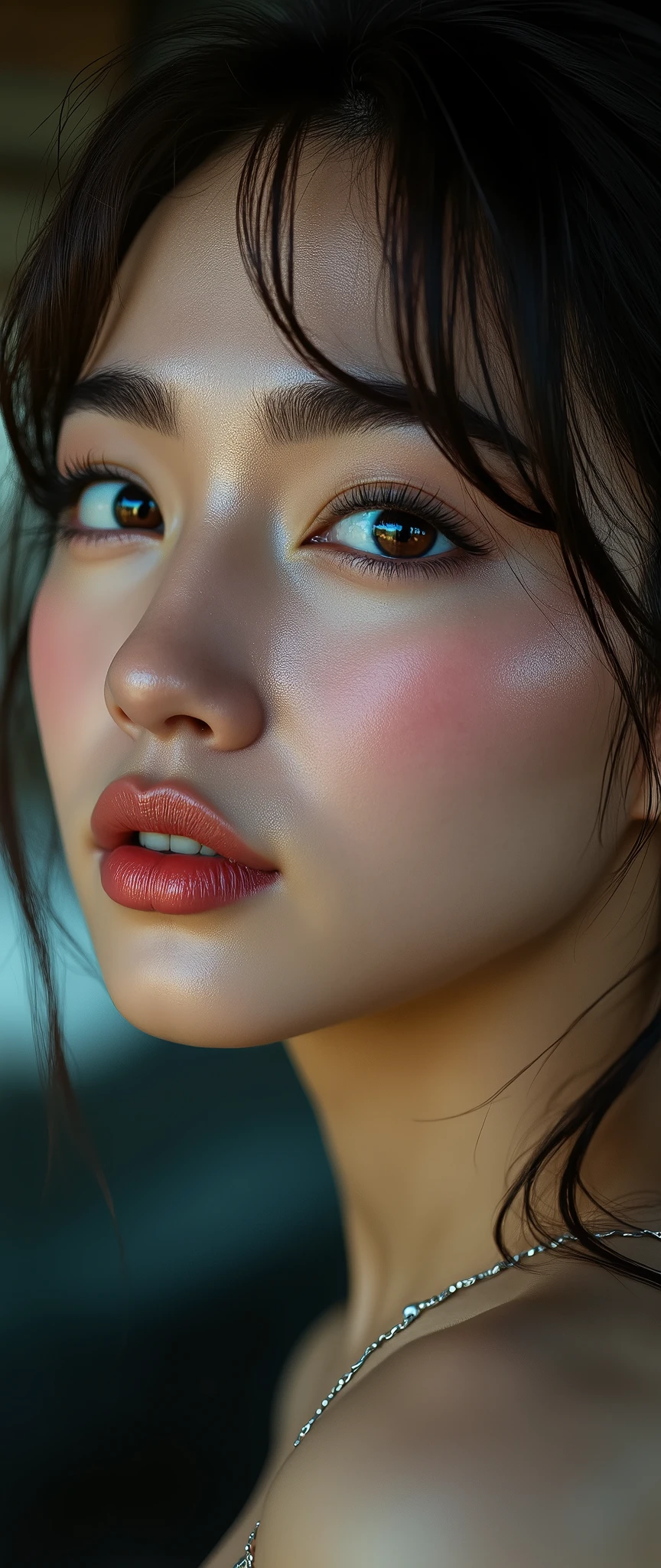 Realistic ((Photorealistic realism)),((high resolution)),((ultra insanel quality, professional extremely detailed digital art)), ((focus on extremely Realistic Proportion Body:1.3)), ((portrait)),((a cute and very beautiful, 1 Japanese, 30yo, famous Kpop idol:1.35)), (ultra realistic texture details: velvety skin, hair),((extremely beautiful face)), (intricate detail face), ((Hyper details realistic black_eyes:1.35)), ((finely details pupils:1.3)), ((detailed symmetrical lips:1.3)), (pink_lipstick:1.3), ((long eyelashes:1.4)), ((perfect dark_eyeshadows:1.4)), (Detailed nose:1.2), (perfect composition), ((pale skin)),(focus on the face, open mouth, joyful expression:1.24),perfect female body,((Beautiful long legs in good style:1.5)),((no bra, no panties:1.3)), (medium butt),(skinny body build),(perfect hot model body:1.4),((slim belly: 1.2)),(muscular body),((red and (blue) stylish hair:1.35), extremely detailed:1.33), dressed in a slave outfit (made of latex:1.3), ((dressed in tank top (latex with chains:1.3)),long pants (tight black lace-up latex:1.4))., Depth of field, cinematic light, Lens flare, dslr, best high quality soft lighting, sharp focus captured by Fujifilm XT3, f 5.6, in a dramatic lighting,((show high exposed thighs:1.4)),(((full body shot:1.5)))