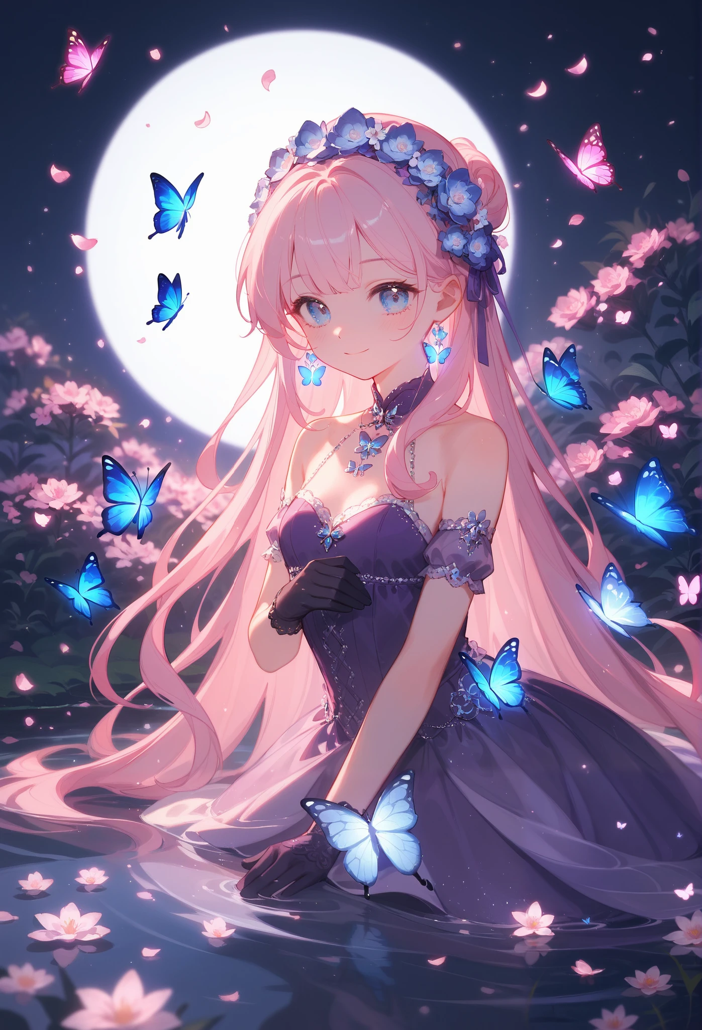 (masterpiece), best quality, highres, ultra-detailed, pastel colors, Girl with long semi-wavy pink hair, tender and bright light blue eyes, Small breasts, adorable blush, adorable face, Tender and adorable body, 
1girl, ethereal princess, flower headdress, elegant white and purple gown with floral accents, lace and ribbon details, black gloves, sitting gracefully in a magical glowing pond, ((purple butterfly)), ((butterfly on hand)), reflective water, on stomach, surrounded by floating petals and luminous butterflies, dreamy fantasy atmosphere, soft sparkles, intricate shading, soft lighting, cowboy shot, seductive smile, seductive eyes.