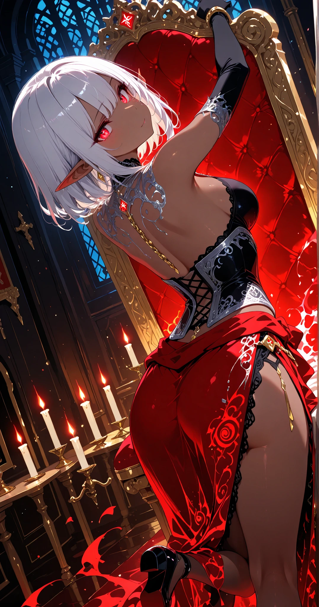 masterpiece, best quality, amazing quality, Very Detailed Description, Incredible High Resolution, (eye_focus, close-up, solo, looking_at_viewer), 1girl,solo, dutch angle, close up shot, A seductive dark elf woman with long, flowing silver hair cascading down her back, glowing red eyes, and dark gray skin. She wears a sheer, black lace corset with intricate silver embroidery, paired with a high-slit silk skirt that reveals her smooth legs. Gold chains wrap around her waist and arms, accentuating her enchanting beauty. She lounges on a crimson velvet throne in a dimly lit underground lair, one leg draped over the armrest, her hand playfully teasing a goblet of enchanted wine. The room is filled with flickering candlelight, casting soft shadows on her alluring form.