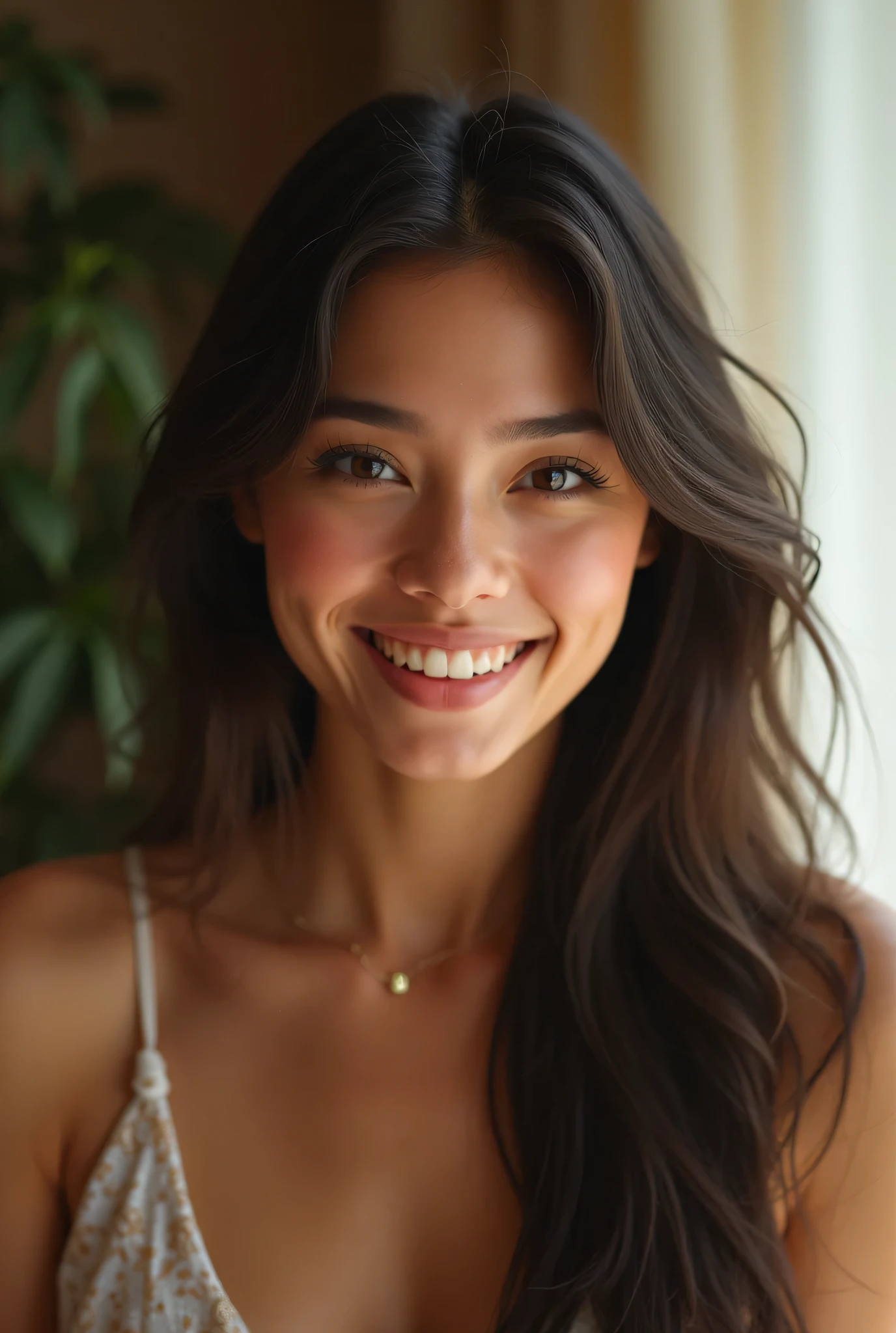 a 28 year old brazilian woman sitting on a white bed weighing 70 kilos standing in front of a group of people next to her friend, perfect straight and silky hair, posing on bed, wearing a tshirt, photoshoot for a skincare brand, soft portrait shot from 8k, with straight black hair, light gray, smiling model, Instagram model, nuisette, close-up portrait of woman, focus on the model, leaked image