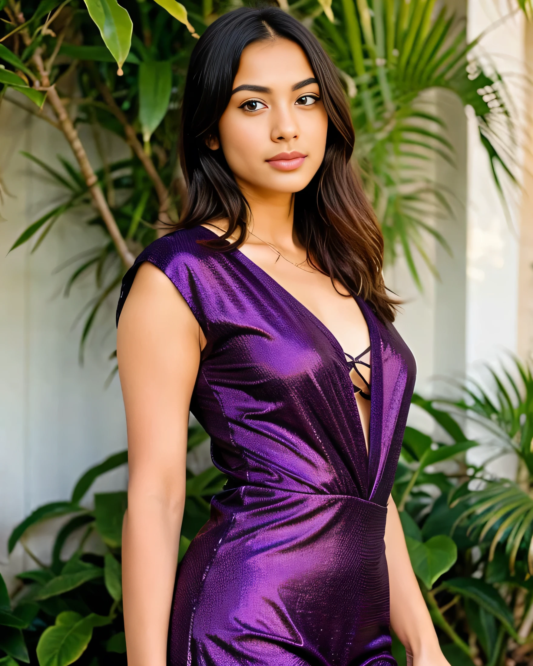 woman sitting on a couch in a living room with a pink pillow, sitting on the sofa, at the sitting couch, on a couch, sitting on the couch, side portrait, sitting on a sofa, purple dress, garbed in a purple gown, mature, 40 years old women, draped in purple. Woman with white, tanned skin and dark hair. She is about 35 years old. Her pink lips, her dark brown eyes. Slim body, slim waist. Beautiful, highly realistic, beautiful woman, slightly pink lips, slightly pink lipstick, smiling, feeling of lightness and joy, very elaborate skin. Clear photo, high quality, high resolution, masterpiece, 8K.