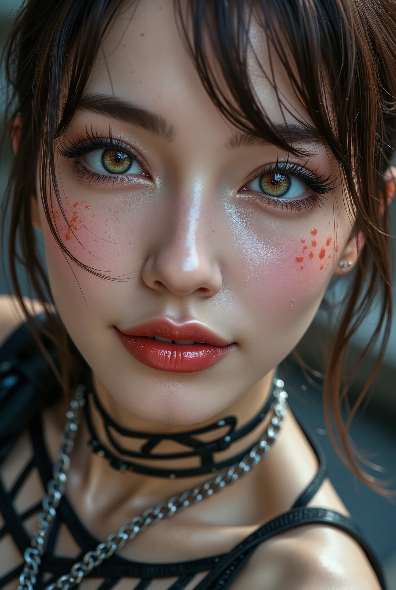 Realistic ((Photorealistic realism)),((high resolution)),((ultra insanel quality, professional extremely detailed digital art)), ((focus on extremely Realistic Proportion Body:1.3)), ((portrait)),((a cute and very beautiful, 1 Japanese, 30yo, famous Kpop idol:1.35)), (ultra realistic texture details: velvety skin, hair),(extremely beautiful face), (intricate detail face), ((Hyper details realistic green_eyes:1.35)), ((finely details pupils:1.3)), ((detailed symmetrical lips:1.3)), (red_lipstick:1.3), ((long eyelashes:1.4)), (perfect dark_eyeshadows:1.4), (Detailed nose), (perfect composition), ((pale skin)),((focus on the face, open mouth, joyful expression)),perfect female body,(((Beautiful long legs in good style:1.3))),((no bra, no panties:1.3)), (medium butt),(skinny body build),(perfect hot model body:1.4),((slim belly: 1.2)),(muscular body),((red and blue stylish hair:1.35), extremely detailed:1.33), dressed in a slave outfit (made of latex:1.3), (dressed in tank top (latex with chains:1.3)),long pants (tight black lace-up latex:1.4)., Depth of field, cinematic light, Lens flare, dslr, best high quality soft lighting, sharp focus captured by Fujifilm XT3, f 5.6,(((full body shot:1.5)))