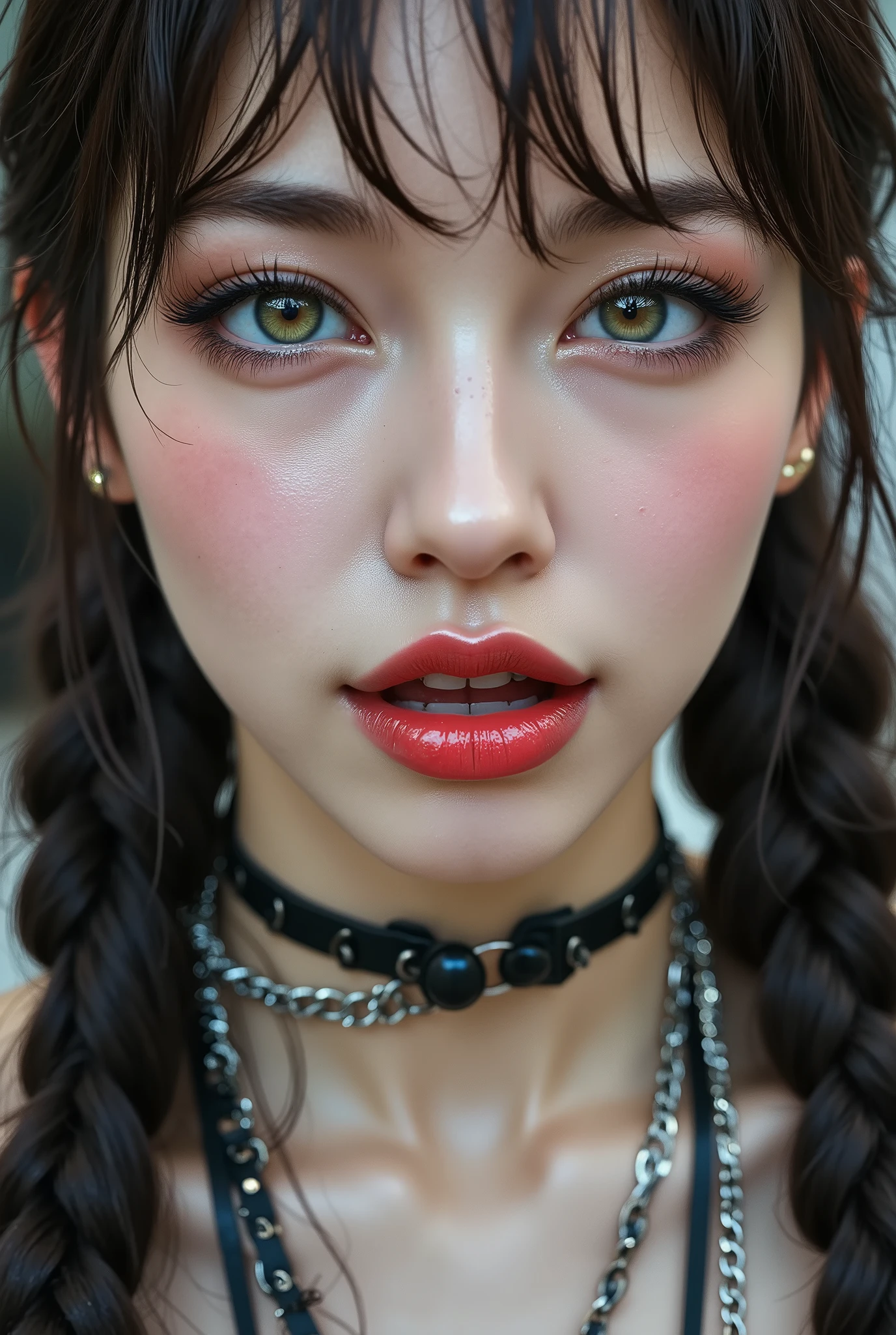 Realistic ((Photorealistic realism)),((high resolution)),((ultra insanel quality, professional extremely detailed digital art)), ((focus on extremely Realistic Proportion Body:1.3)), ((portrait)),((a cute and very beautiful, 1 Japanese, 30yo, famous Kpop idol:1.35)), (ultra realistic texture details: velvety skin, hair),(extremely beautiful face), (intricate detail face), ((Hyper details realistic green_eyes:1.35)), ((finely details pupils:1.3)), ((detailed symmetrical lips:1.3)), (red_lipstick:1.3), ((long eyelashes:1.4)), (perfect dark_eyeshadows:1.4), (Detailed nose), (perfect composition), ((pale skin)),((focus on the face, open mouth, joyful expression)),perfect female body,(((Beautiful long legs in good style:1.3))),((no bra, no panties:1.3)), (medium butt),(skinny body build),(perfect hot model body:1.4),((slim belly: 1.2)),(muscular body),((red and blue stylish hair:1.35), extremely detailed:1.33), dressed in a slave outfit (made of latex:1.3), (dressed in tank top (latex with chains:1.3)),long pants (tight black lace-up latex:1.4)., Depth of field, cinematic light, Lens flare, dslr, best high quality soft lighting, sharp focus captured by Fujifilm XT3, f 5.6,(((full body shot:1.5)))