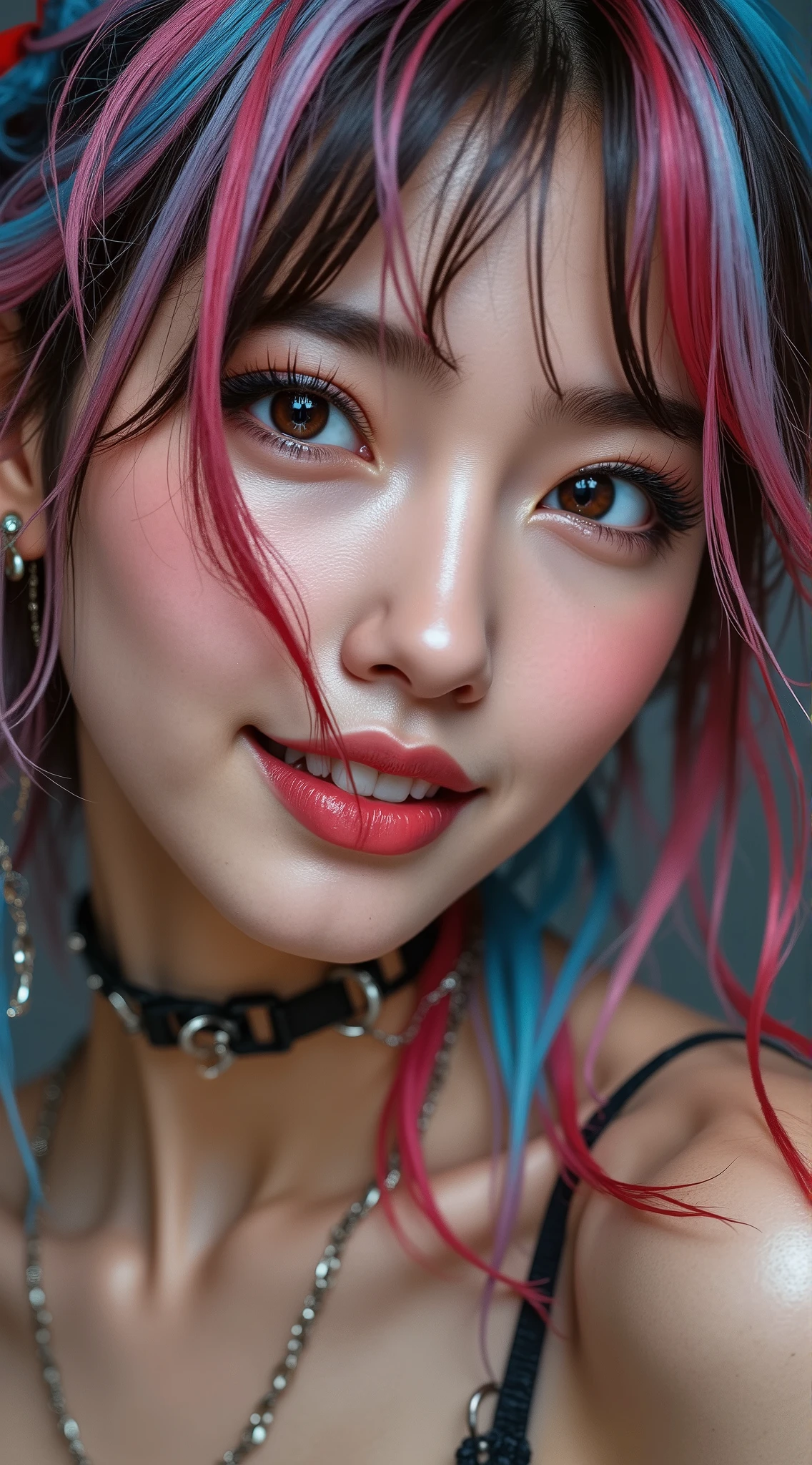Realistic ((Photorealistic realism)),((high resolution)),((ultra insanel quality, professional extremely detailed digital art)), ((focus on extremely Realistic Proportion Body:1.3)), ((portrait)),((a cute and very beautiful, 1 Japanese, 30yo, famous Kpop idol:1.35)), (ultra realistic texture details: velvety skin, hair),((extremely beautiful face)), (intricate detail face), ((Hyper details realistic black_eyes:1.35)), ((finely details pupils:1.3)), ((detailed symmetrical lips:1.3)), (pink_lipstick:1.3), ((long eyelashes:1.4)), ((perfect dark_eyeshadows:1.4)), (Detailed nose:1.2), (perfect composition), ((pale skin)),((focus on the face, open mouth, joyful expression:1.24)),perfect female body,((Beautiful long legs in good style:1.3)),((no bra, no panties:1.3)), (medium butt),(skinny body build),(perfect hot model body:1.4),((slim belly: 1.2)),(muscular body),((red and blue stylish hair:1.35), extremely detailed:1.33), dressed in a slave outfit (made of latex:1.3), (dressed in tank top (latex with chains:1.3)),long pants (tight black lace-up latex:1.4)., Depth of field, cinematic light, Lens flare, dslr, best high quality soft lighting, sharp focus captured by Fujifilm XT3, f 5.6, in a dramatic lighting,((show high exposed thighs:1.3)),((full body shot:1.5))