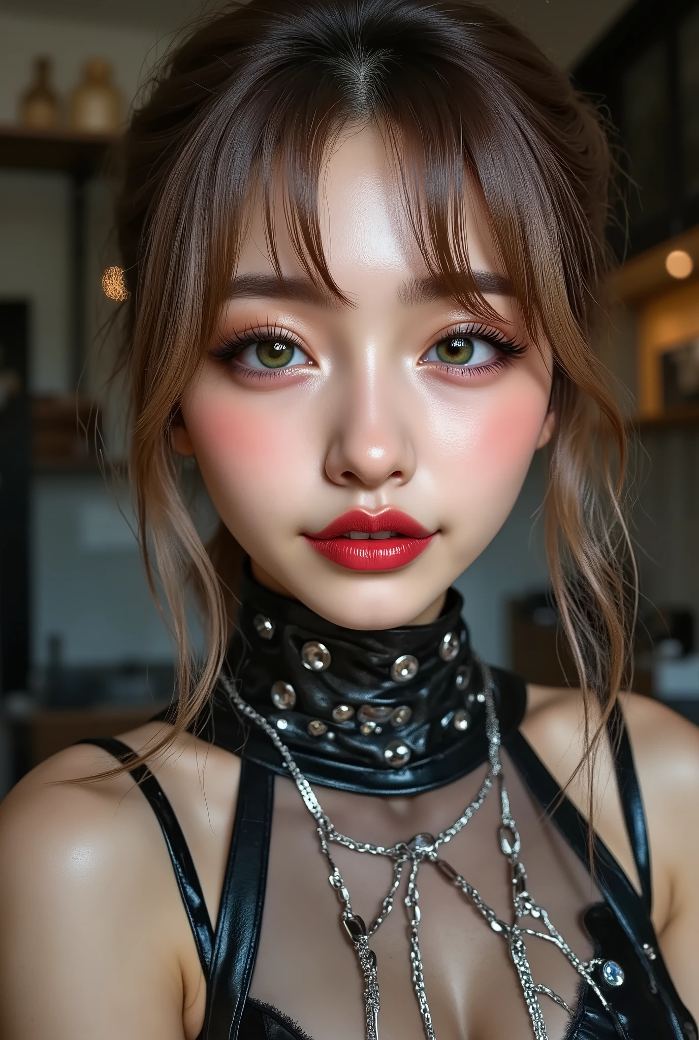 Realistic ((Photorealistic realism)),((high resolution)),((ultra insanel quality, professional extremely detailed digital art)), ((focus on extremely Realistic Proportion Body:1.3)), ((portrait)),((a cute and very beautiful, 1 Japanese, 30yo, famous Kpop idol:1.35)), (ultra realistic texture details: velvety skin, hair),(extremely beautiful face), (intricate detail face), ((Hyper details realistic green_eyes:1.35)), ((finely details pupils:1.3)), ((detailed symmetrical lips:1.3)), (red_lipstick:1.3), ((long eyelashes:1.4)), (perfect dark_eyeshadows:1.4), (Detailed nose), (perfect composition), ((pale skin)),((focus on the face, open mouth, joyful expression)),perfect female body,(((Beautiful long legs in good style:1.3))),((no bra, no panties:1.3)), (medium butt),(skinny body build),(perfect hot model body:1.4),((slim belly: 1.2)),(muscular body),((red and blue stylish hair:1.35), extremely detailed:1.33), dressed in a slave outfit (made of latex:1.3), (dressed in tank top (latex with chains:1.3)),long pants (tight black lace-up latex:1.4)., Depth of field, cinematic light, Lens flare, dslr, best high quality soft lighting, sharp focus captured by Fujifilm XT3, f 5.6,(((full body shot:1.5)))