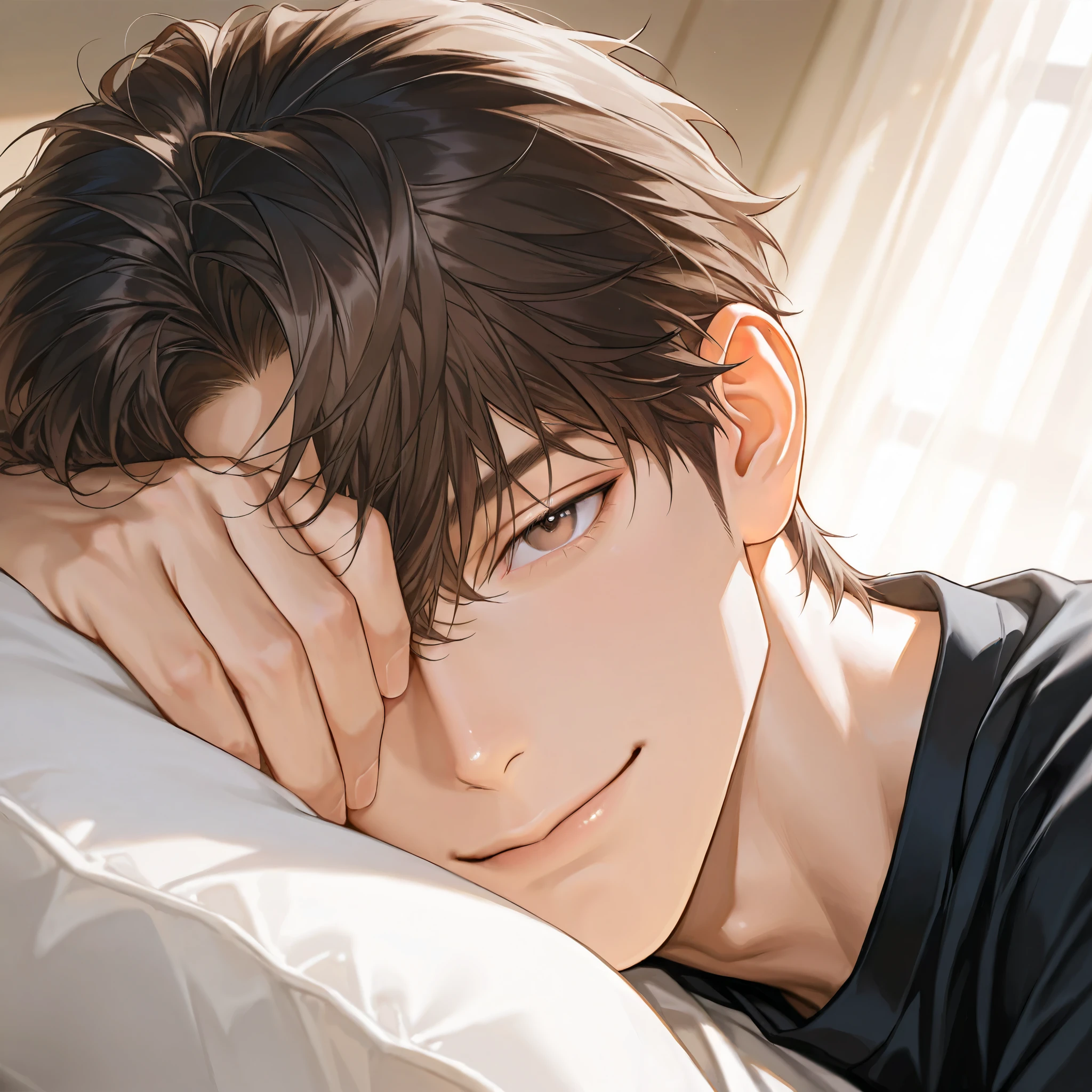 mature male, handsome, lying,( very high resolution, high resolution, ultra Detailed , original character covering one eye , HDR), (( top quality)), ((masterpiece)), ( Detailed ), (( top quality)), ((masterpiece)), ( Detailed ), (( top quality)), ((masterpiece)), ( Detailed ), coppery skin, alone, old movie filter lying, short hair, dark dark brown hair , male focus, handsome man, thickly painted, Semi-realistic art , Semi-realistic art style, expressive brushstrokes, vibrant brushstrokes, impressionistic painting, realistic skin, realistic hair, realistic details, photo-realistic, high details, natural curly hair, handsome man, mature man, 1 man , handsome man, watching viewers, 10,000, portrait, Angelic appearance , alone, male-centered, Random color hair , neat and clean hair,smile, awkward, fun/ happy , 부드러운 smile, Seductive expression , short hair