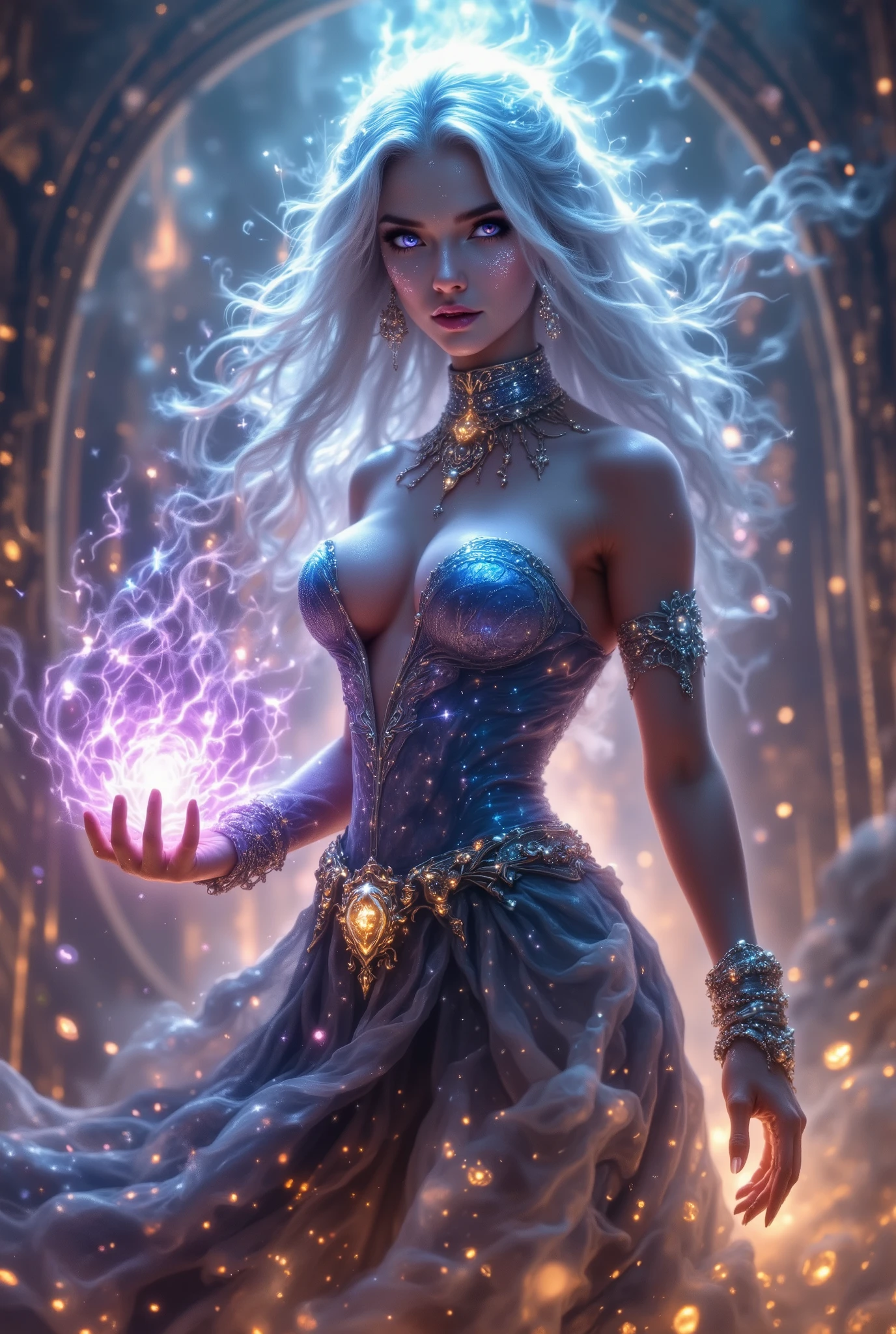A beautiful palette of colors , magic, beautiful girl , very beautiful eyes with beautiful silver hair, lush and beautiful with a curly hairstyle, like stars, sparkling light in your hair , , the magic pattern is depicted on a lush and chic dress like the ocean , in her hand, a beautiful snow-white three-dimensional flower and the pink-purple color overflow , beautiful, sexy, в полный рост ступает по beautifulй дорожке из зеркальных плит, magic fog in beautiful Fantasy colors , (fantasy style, maximum quality , Masterpiece , better quality, 8 k, Lots of Details ), Exactly, complicated details, perfect, beautiful,