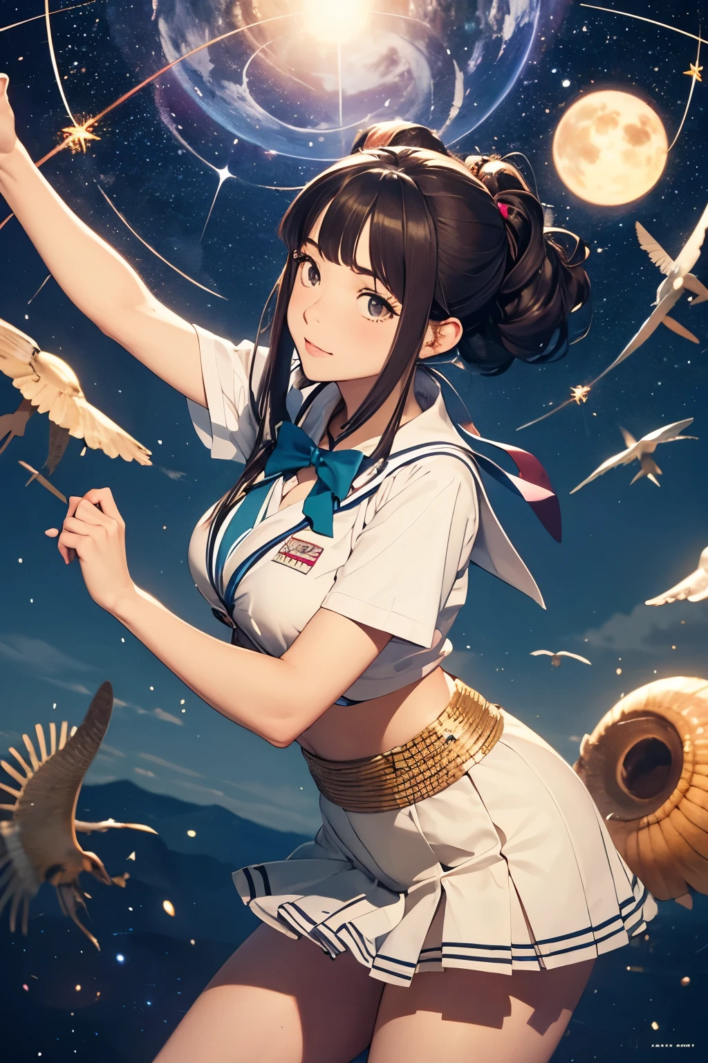 ((Raiden Shogun in Genshin Impact)),((semi long beautiful dark blue hair,beautiful blue eyes)),
((panty shot)),((lifting skirt)),((white panties focus)),
(low angle,from below),((masterpiece, highest resolution,best quality)), (beautiful illustration), (solo),(Japanese high ,sailor,mini skirt),(looking at the viewer), (walking on the moon),(crater,night sky,moon surface,space craft,green earth),(innocent cute smile), (cinematic lighting),sf fantasy world,colorful sky,background,
