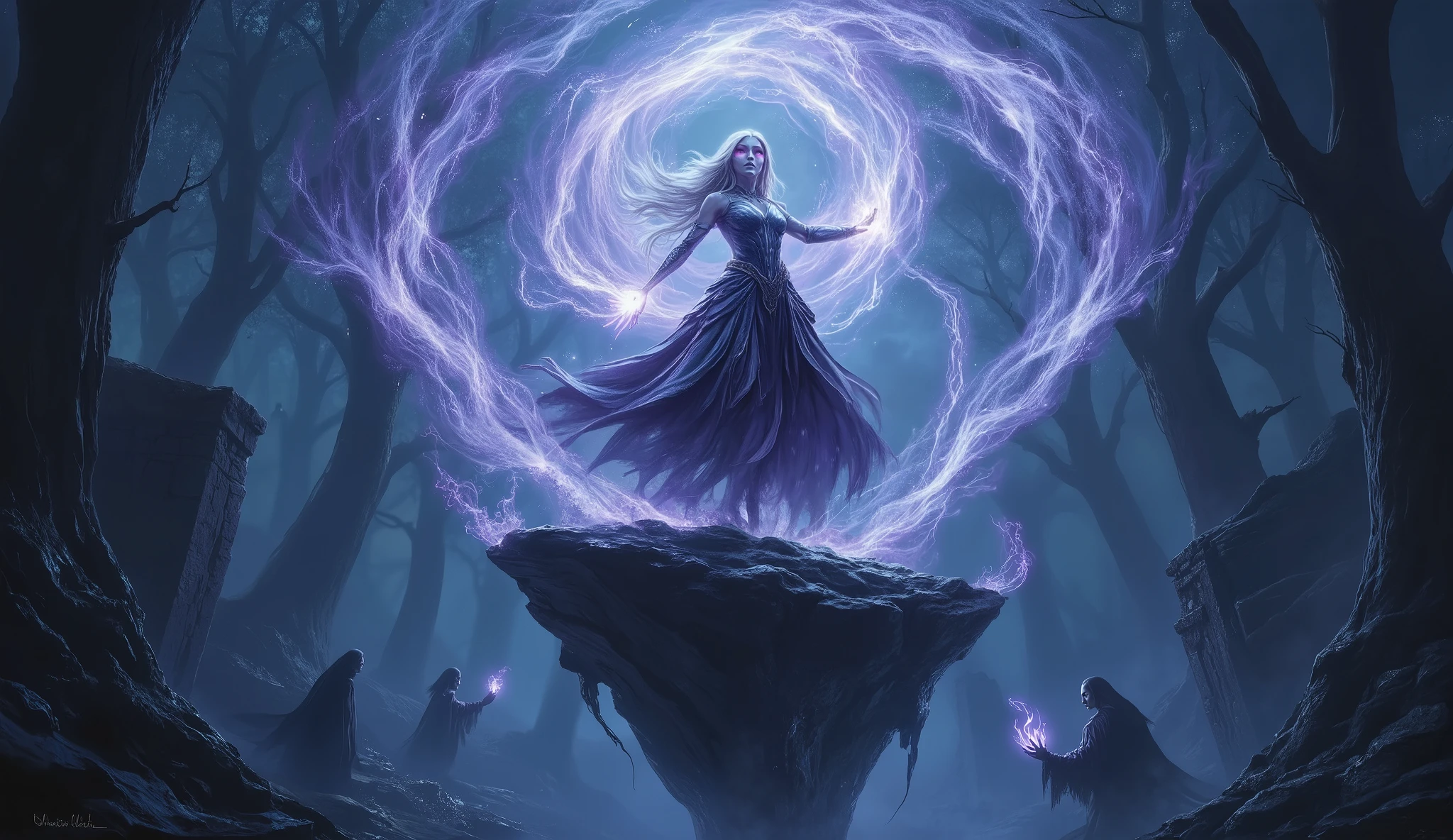 (best quality, 128k,highres,masterpiece:1.2),ultra-detailed,(realistic,photorealistic,photo-realistic:1.37), ((masterpiece)) ((photography)) ((Highest quality)) Dark fantasy illustration of a mysterious elven sorceress with glowing violet eyes, standing atop a floating rock surrounded by spectral mist. Her long, silver hair flows as she channels dark magic through a swirling vortex of ethereal energy. The background is a haunted forest with ancient ruins, faint ghostly figures lurking in the fog.