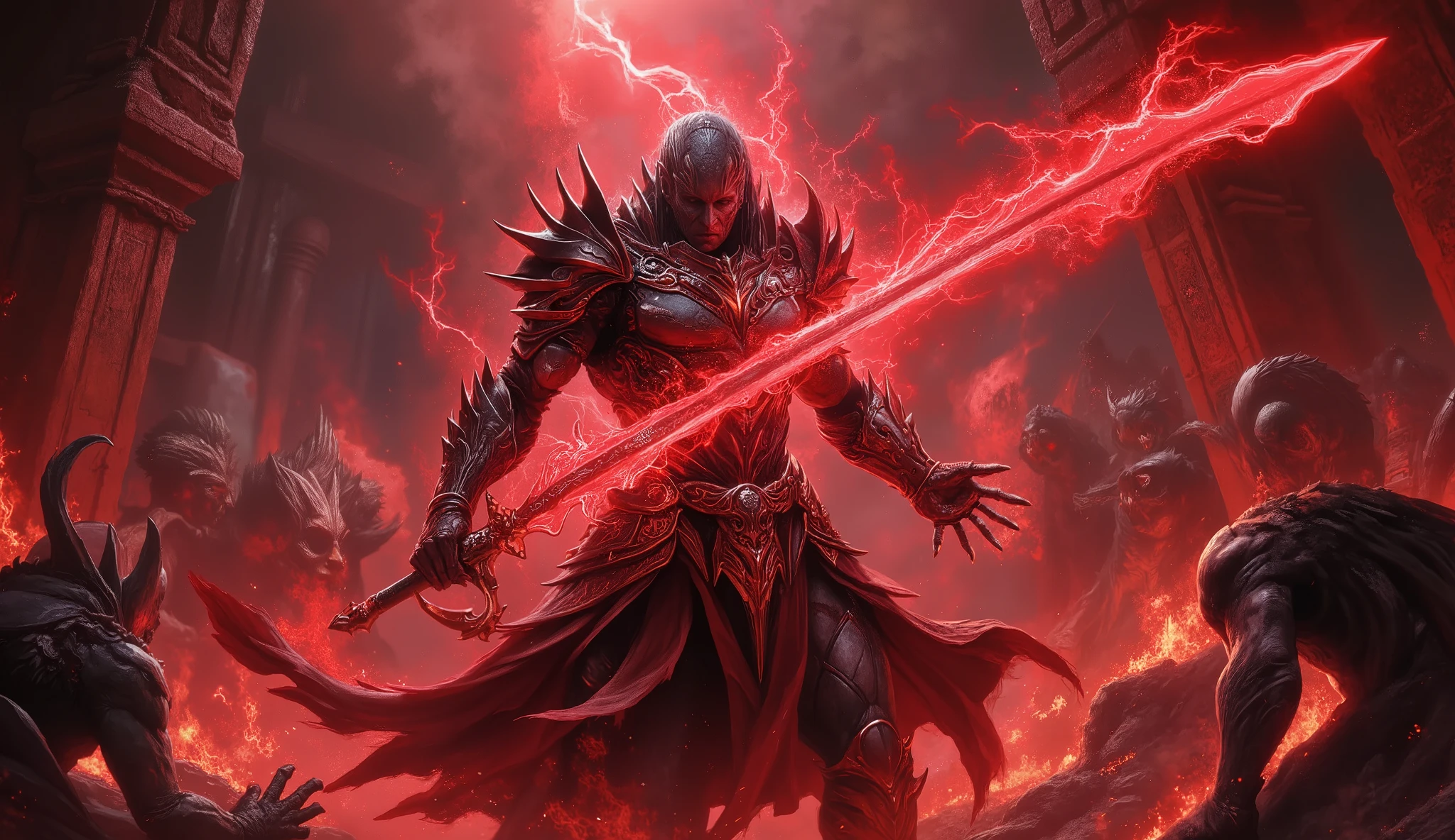 (best quality, 128k,highres,masterpiece:1.2),ultra-detailed,(realistic,photorealistic,photo-realistic:1.37), ((masterpiece)) ((photography)) ((Highest quality)) a mighty dragonborn warrior in battle, clad in intricate obsidian armor with glowing crimson runes. His greatsword crackles with arcane energy as he fights against a horde of shadowy creatures in a ruined ancient temple. The scene is filled with dynamic motion, dust and embers swirling around, under a blood-red sky.