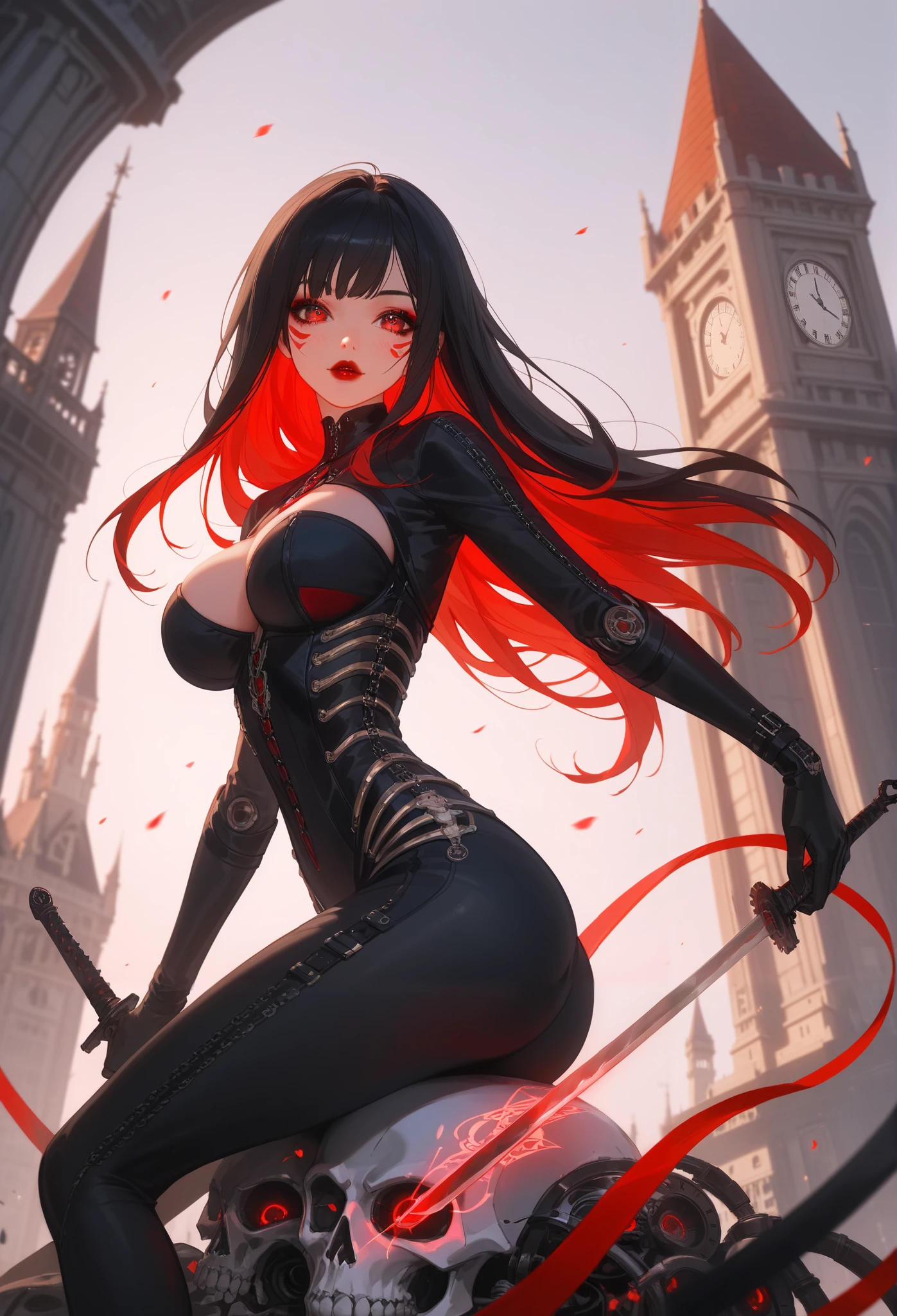 (masterpiece), best quality, highres, ultra-detailed, pastel colors, Girl with Semi wavy black hair, bangs, Red eyes, large breasts, adorable blush, beautiful and curvy body, body with nice ass, big breasts, Eyeliner, red lips, villain girl, badgirl
a pretty girl is holding a knife on top of a skeletal lady, 1girl, weapon, sword, clock, solo, sitting, holding weapon, holding sword, holding, clock tower, tower, masterpiece, best quality, ultra-detailed, very aesthetic, sharp focus, depth of field, vibrant colors, ray tracing, best lighting, detailed illustration, detailed background, cinematic, beautiful face, beautiful eyes,