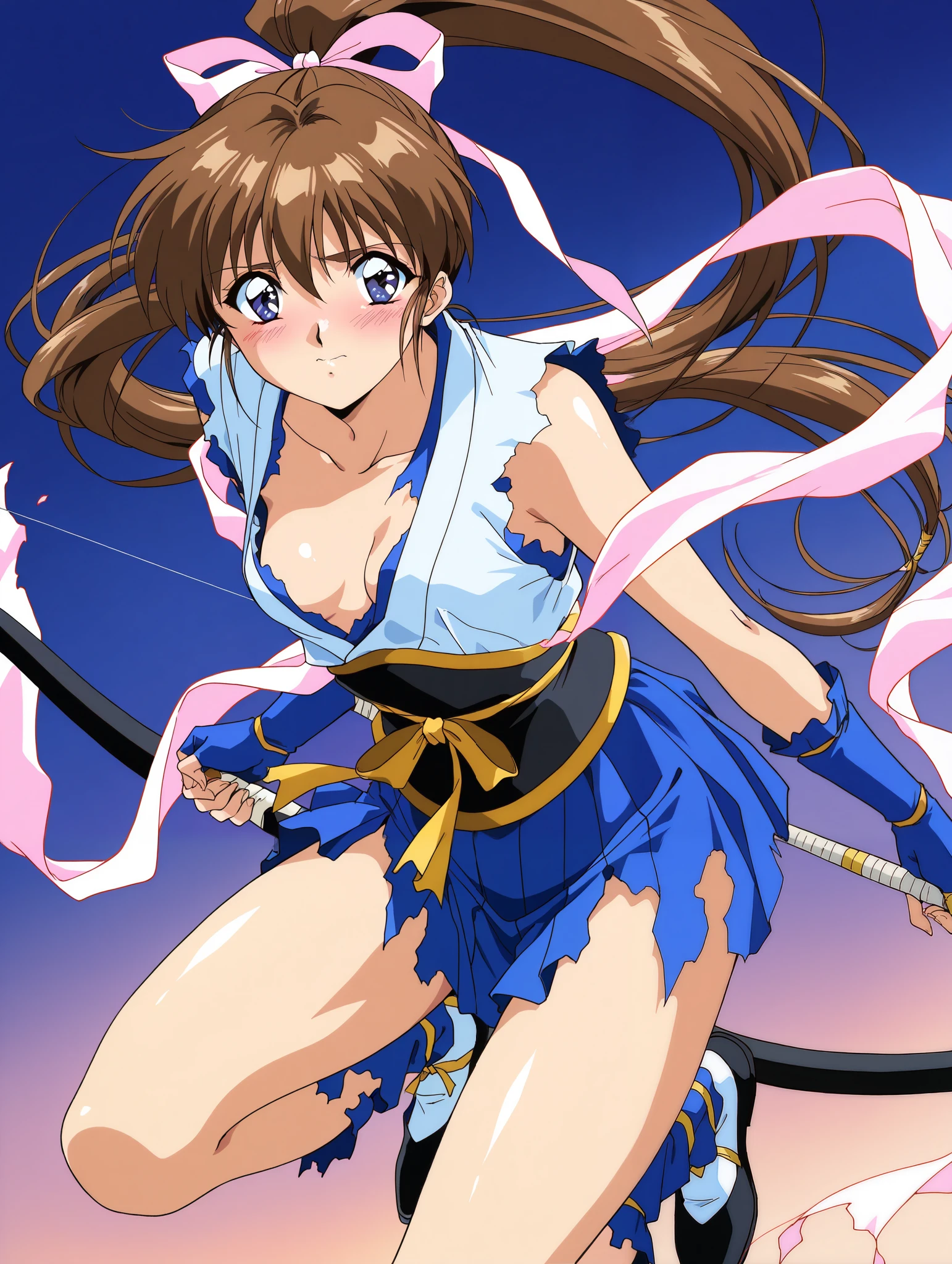 AMATSU _AI, one girl, Alone, brown hair, ponytail, very long hair, ribbon, hair ribbon, hair bow, blue eyes, bangs, purple eyes, high ponytail, 1990s \(style\),anime coloring,  Tiny Breasts , cleavage, ( is scared), (shy), (blush), ( sexy pose), ( my clothes are torn to pieces:1.3), hagoromo, blue gloves, fingerless gloves, shoes, bow (weapon), skirt, japanese clothes, obi sash, thighs, sleeveless, collarbone, blue skirt, (in the sky),  score_9,  score_8_superior,  score_7_superior,  source_anime, (best quality:1.2),  Masterpiece,  high quality , full color, 8k,  Hi-Res,  front light 