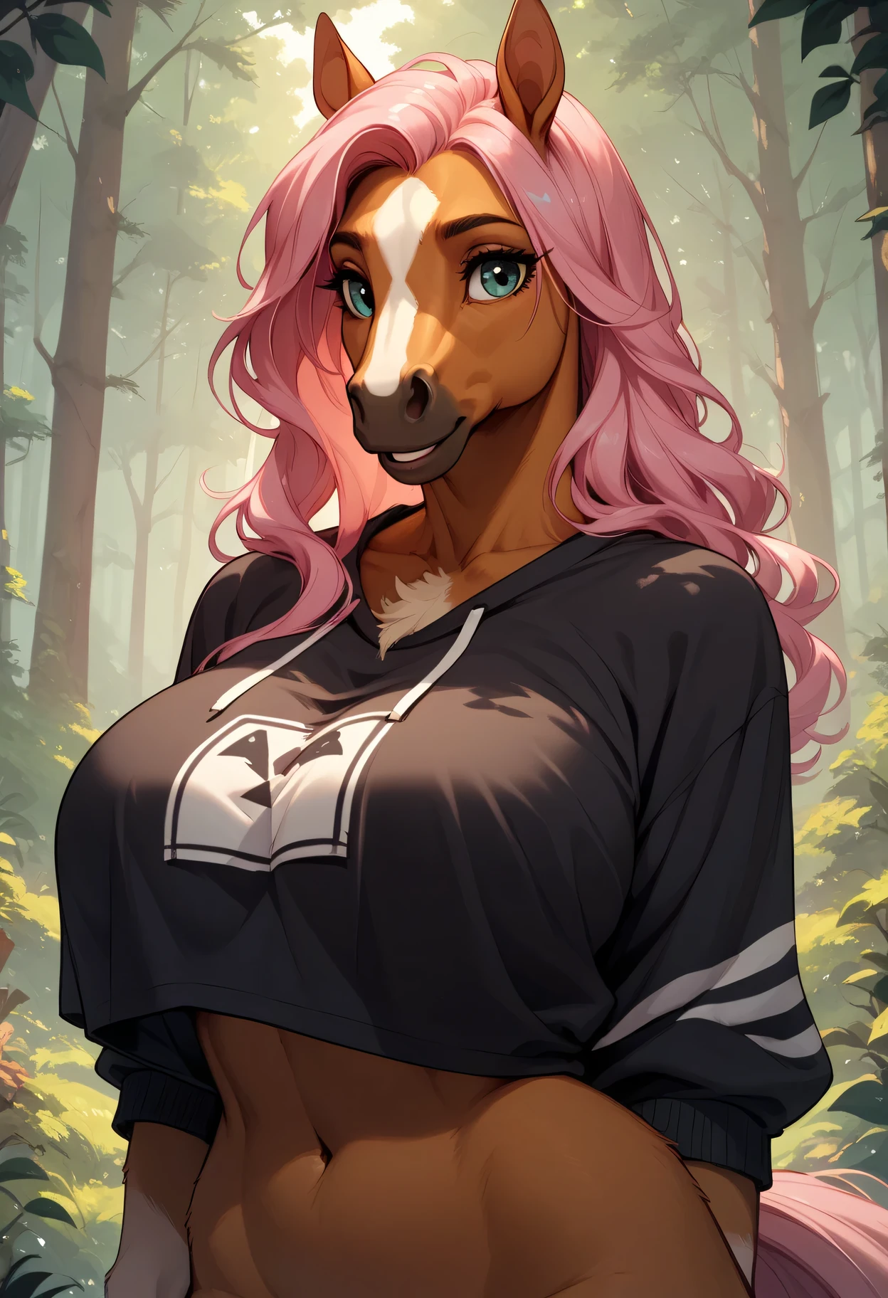Furry horse big breasts long pink hair Cute appearance, big breasts loose cropped sweatshirt(white, black stripe, slightly covers the chest), background: forest. sexy pose
