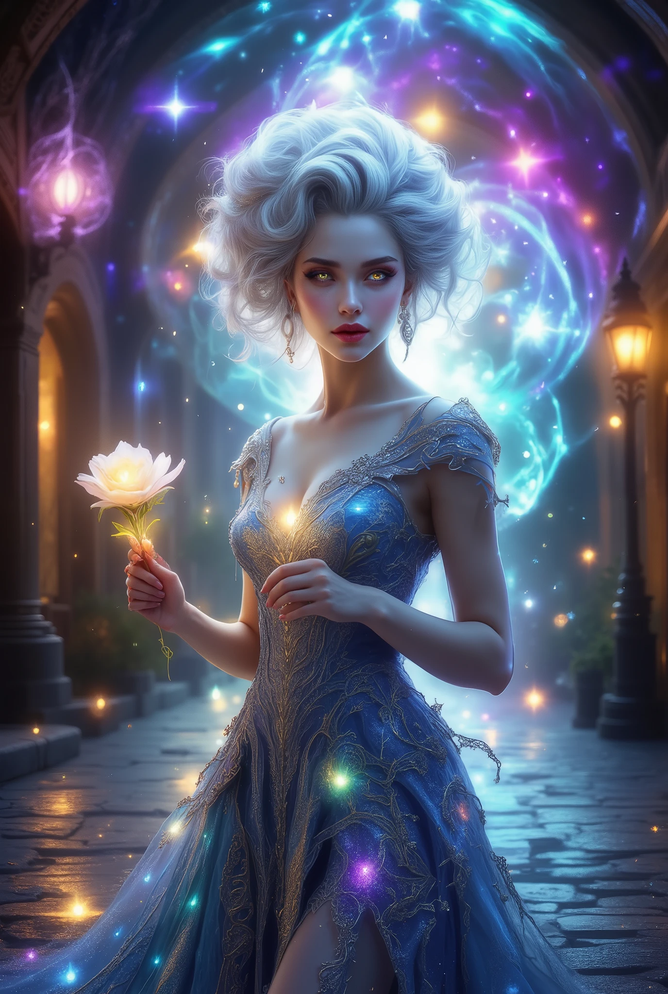 A beautiful palette of colors , magic, beautiful girl , very beautiful eyes with beautiful silver hair, lush and beautiful with a curly hairstyle, like stars, sparkling light in your hair , , the magic pattern is depicted on a lush and chic dress like the ocean , a beautiful flower in your hand , beautiful, sexy, в полный рост ступает по beautifulй дорожке из каменных плит, magic fog in beautiful Fantasy colors , (fantasy style, maximum quality , Masterpiece , better quality, 8 k, Lots of Details ), Exactly, complicated details, perfect, beautiful,