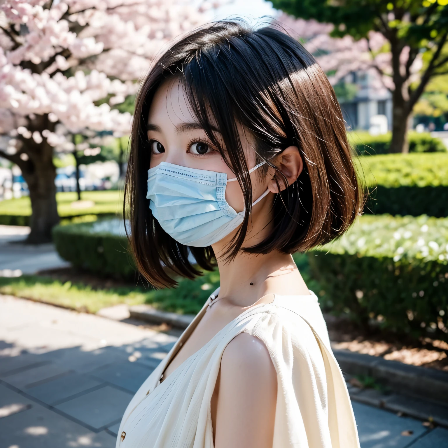 Semi side-profile image of a Japanese female university student with a bob haircut, wearing makeup suitable for a date, dressed in a cute spring dress, wearing a cream-colored mask, and making a heart pose with her hands, in a sunny park