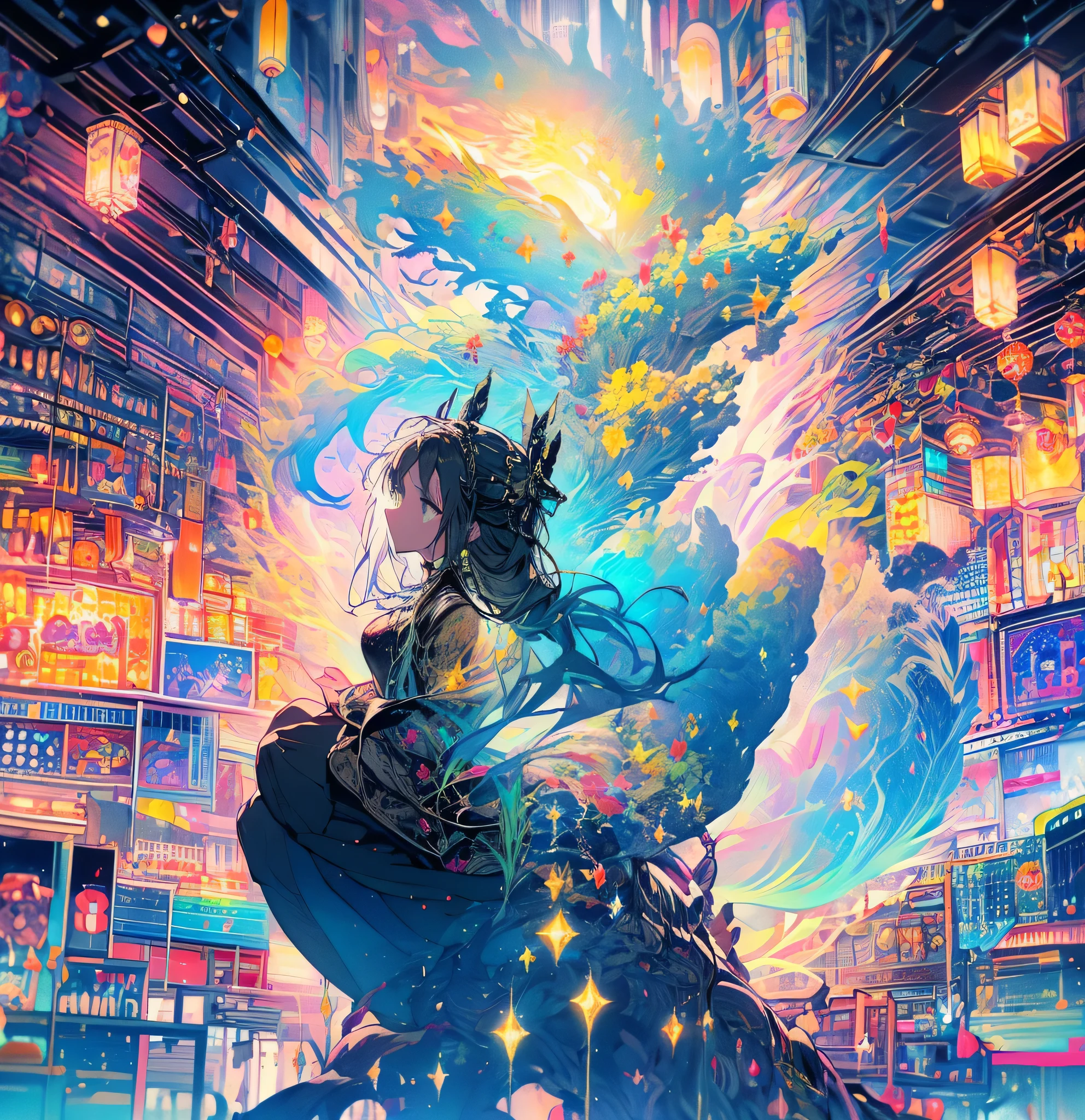 long and beautiful thighs and legs;sitting cute pose; staring on sky; mini-skirt; full stockings; aesthetic; bohemian; realistic; skinny fit; emo; ; night city background; Dark fantasy ; focus on hips; goddess; beautiful solo girl; epic scene; black and yellow outfit; emotional