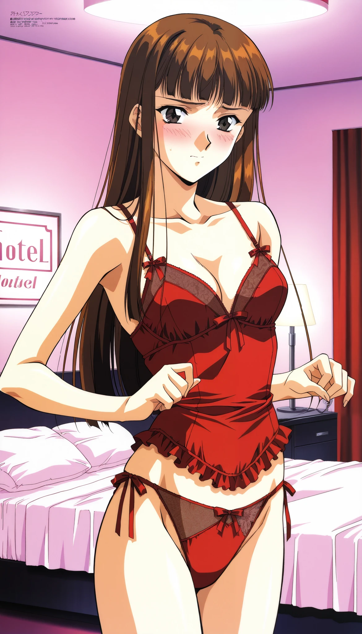 masterpiece,best quality,high quality,1girl, long hair,medium breasts,purple rose,rose,thighs, underwear,thong,from side, bedroom, thighhighs, looking away,bra,
a woman in lingerie holding a purse of flowers in her hand and looking at her butt,
yukikotv,Be red in the face