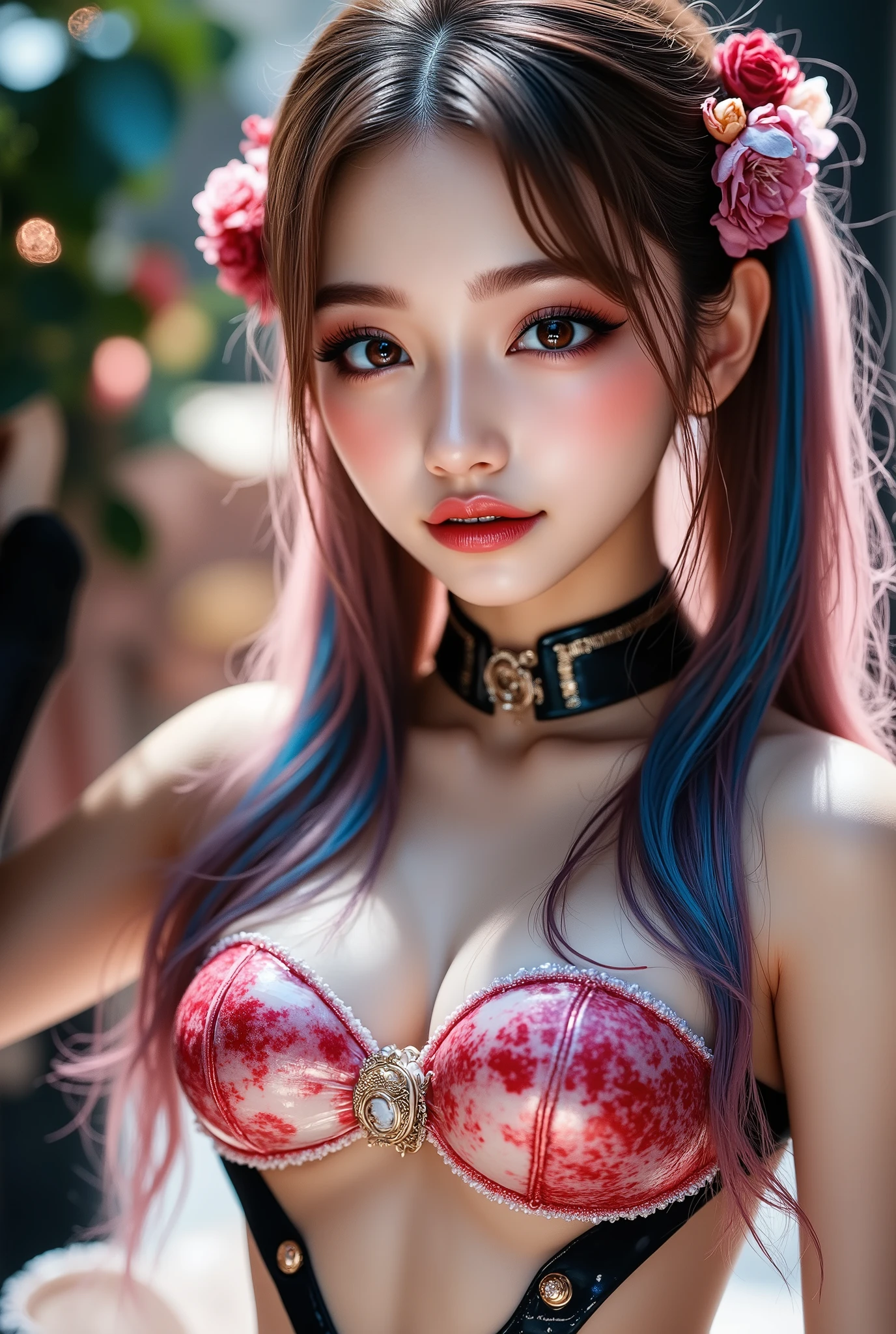 Realistic ((Photorealistic realism)),((high resolution)),((ultra insanel quality, professional extremely detailed digital art)), ((focus on extremely Realistic Proportion Body:1.3)), ((portrait)),((a cute and very beautiful, 1 Japanese, 30yo, famous Kpop idol:1.35)), (ultra realistic texture details: velvety skin, hair),(extremely beautiful face), (intricate detail face), ((sharp focus, no blurry eyes, high resolution, absurd quality, Realistic brown-black pearl_eyes:1.3),intricately detail:1.35),((extra narrow eyebrows)),(Carefully draw Long blue_mascara:1.2),(perfect round eyes:1.3)(finely detailed pupils:1.3,(extremely fine details pupils:1.3))((extremely fine details iris of the eyes:1.4))(Shining, mesmerizing, Vibrant eyes:1.2).,,((perfect dark_eyeshadows:1.45)),detailed lips:1.3,(apply glossy pink_lipstick:1.3).,,perfect female body(firm and full breasts:1.2)(Super beautiful)(medium butt)((perfect female thick hips))(perfect hot model body:1.4)((slim belly: 1.2))(muscular body).,,(perfect composition),((focus on the face, open mouth, joyful expression)),perfect female body,(((Beautiful long legs in good style:1.3))),((no bra,no panties:1.3)),((red and blue stylish hair:1.35), extremely detailed:1.33), dressed in a slave outfit (made of latex:1.3), (dressed in tank top (latex with chains:1.3)),long pants (tight black lace-up latex:1.4)., Depth of field, cinematic light, Lens flare, dslr, best high quality soft lighting, sharp focus captured by Fujifilm XT3, f 5.6,(((full body shot:1.5)))