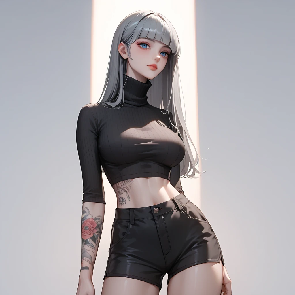 ((Thick gray hair ))、(Black inner hair), top quality 、 Masterpiece、( Professional Lighting )、 surreal, (Nipples:0.4), attractive、 slender supermodel 、 one girl , (from behind, cowboy shot, looking back), ( Slightly Bigger Breasts , midriff peek ), ( flat at honny , Beautiful skin without wrinkles or irregularities ), (Bright, beautiful blue eyes , (( princess cut , layered cut )), ( shorts,(( black tight cropped turtleneck ))) , ( beautiful face squinting in bright light ), ((Black tight cropped turtleneck with tattoos all over the body ))