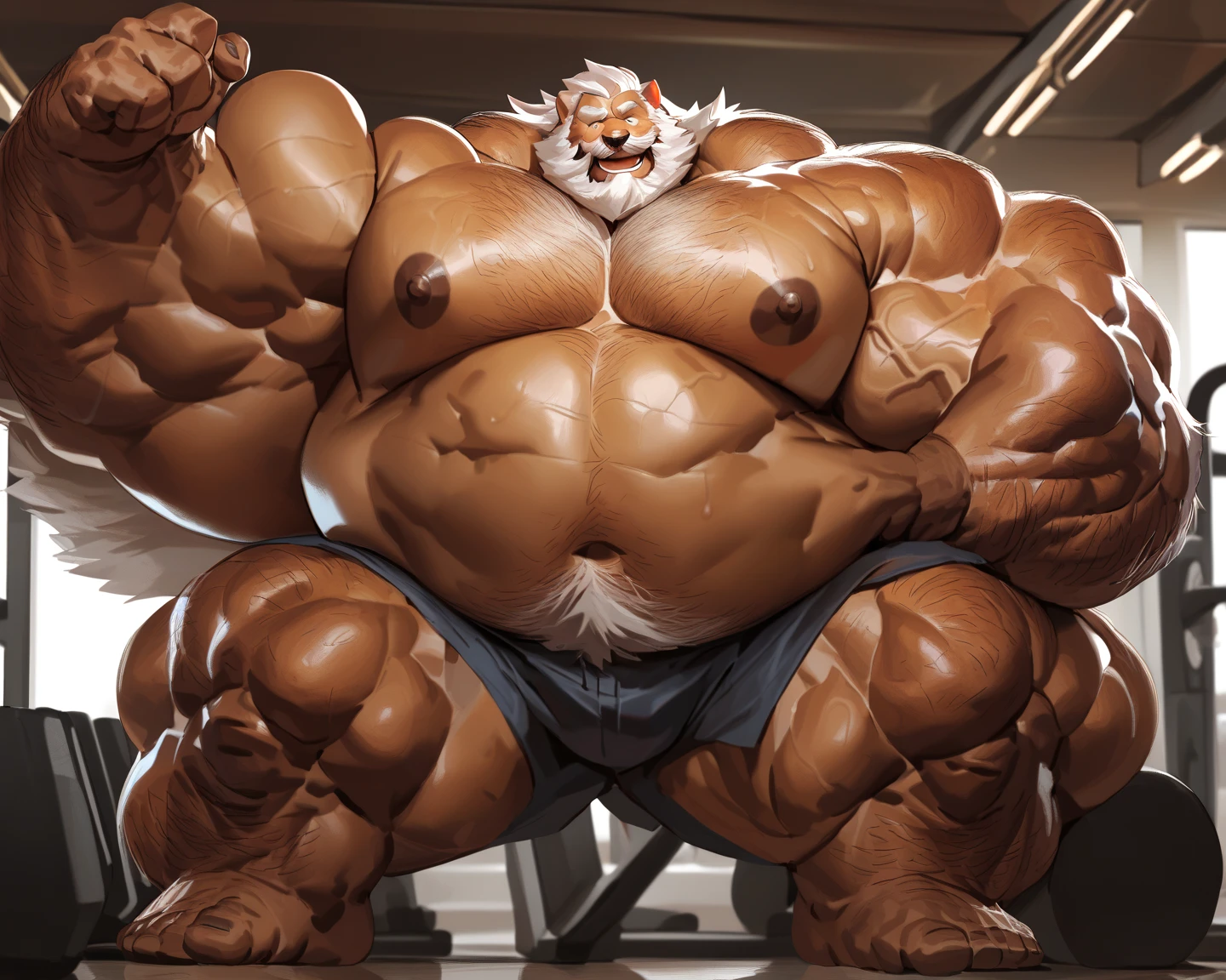 4k, high resolution, best quality, perfect lightning, perfect shadows, solo, anthro, young, boy,tall white wolf:2.0, furry body, (fluffy mane:1.2), fluffy tail, male, adult, (bulky2:0, thick muscles2:0, huge muscles:2.0, hyper muscles:2.0), (thick biceps, veiny biceps, big broad veiny pecs:2.0, broad shoulders:2.0), (thick legs, thick calves:1.1), (digitigrade legs, 4 toes:1.2), (huge bulge:2.0, hyper bulge:2.0), perfect colors, (photorealistic fur, detailed fur, epic, masterpiece), (suggestive posing:1.2), (seductive smile, lustful grin 1.3), detailed modern bar, (tie, black shorts), detailed wolf eyes:2.0, by k0suna, by darkgem,nipple ring,big pecs:2.0,hyper arms:2.0,veins,massive bulge:2.0,veiny bulge,thick legs,veiny legs,hyper legs