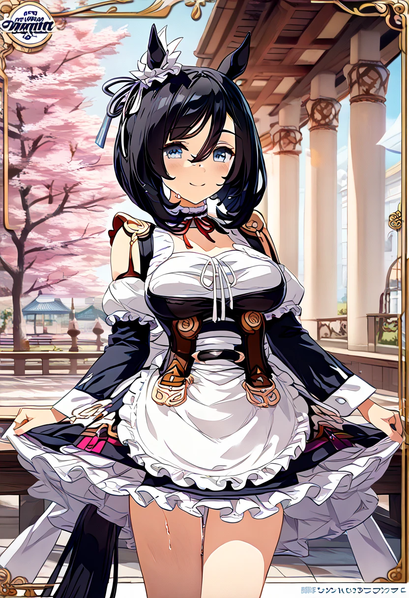 (white background:1.4), (masterpiece, best quality:1.2), (solo), (1girl), best quality, (photorealistic:1.4),ultra detailed, solo, (full body:1.5), standing, hutao\(genshin\), love in eyes, double ponytail, bow hairpins, blushing, smug, smile, drooling, rolling eyes, white bow tie, maid outfit, long sleeves, miniskirt, big breasts