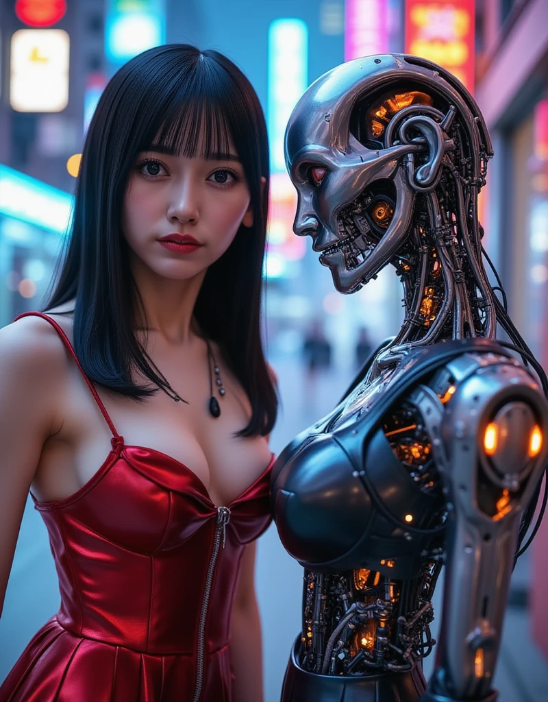 1 girl, very detailed, very beautiful, very roman thai, very long hair, gigantic big breasts, open mouth, unbuttoned, slim waist, view from above, very hair ornament, very silhouette, very Punk woman, red dress, next to a very cyborg white big strong with frightening face, uhd, 64k, absurdres, canon eos r5