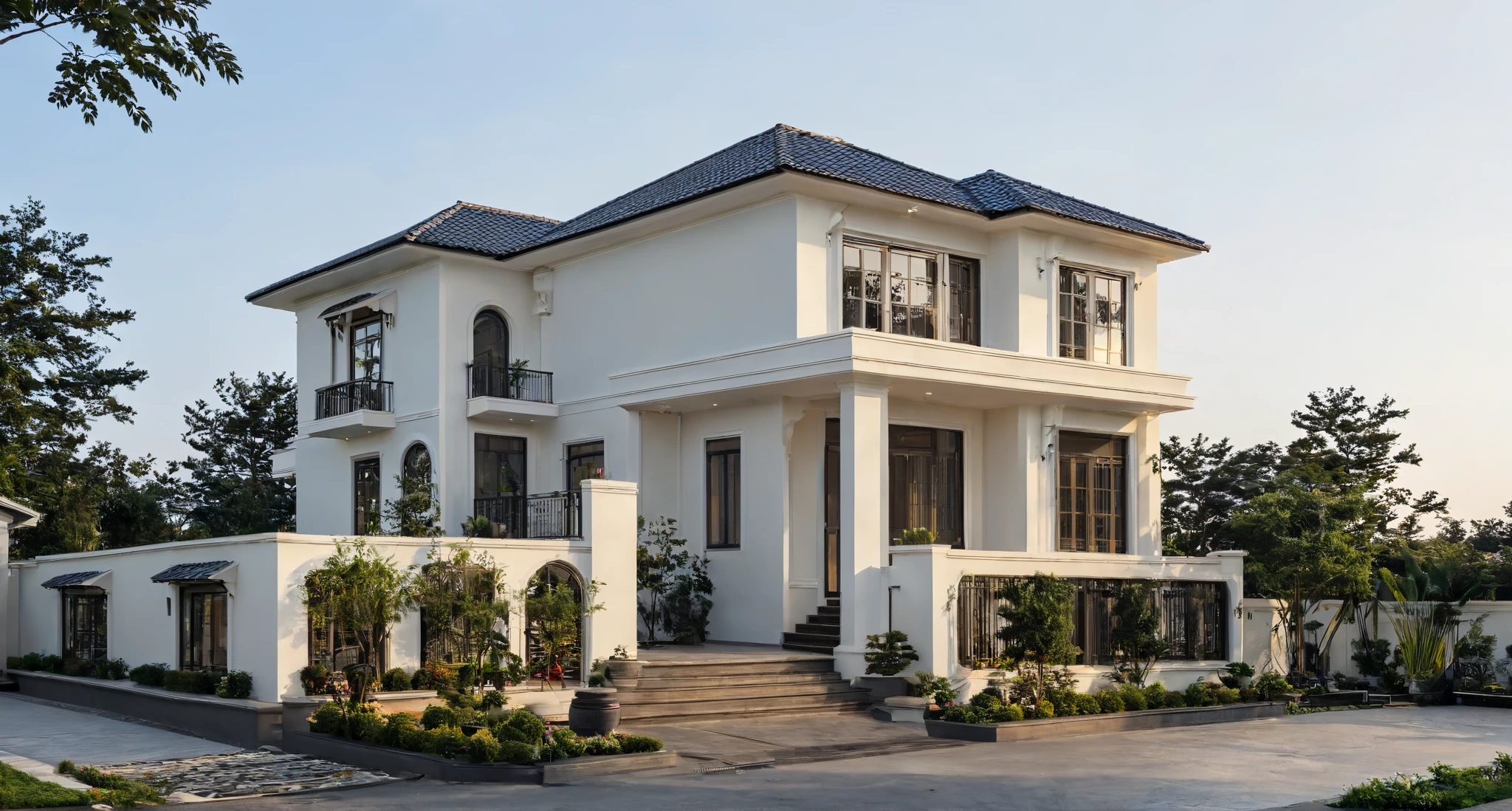 (masterpiece:1.2), best quality, photo of A two-story modern house in VietNam with dark tiles on the roof., dark granite tiled wall, neo classic detail, tree and plant environment,daylight, streetcapes, natural light, vivid color, The exterior of an elegant single family home features large windows, a dark gray door frame.