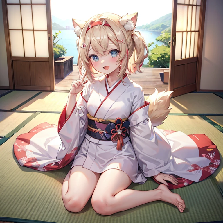 masterpiece, highest quality, Very detailed, 16k, Ultra-high resolution, Cowboy Shot, One , Detailed face, Perfect Fingers, Fox Ears, tail, Golden Eyes, Blonde, Long Hair, Red kimono, japanese mansion, wooden building, Japanese garden, Ishigaki, Gravel road, Big Stone, Plants, Go out to the garden, lying, (show off pussy:1.3), (Open pussy:1.3)