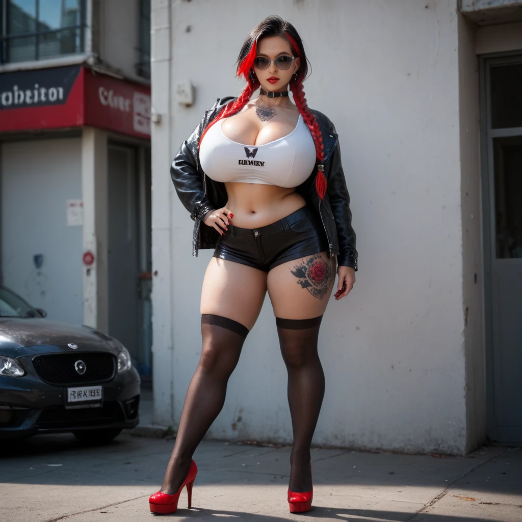 (masterpiece), best quality, expressive eyes, perfect face, (city background), (posing), (closeup view), (seductive expression), (1girl, Scarlett Johansson face, fair skin, face freckles, red hair, long waivy hairstyle, green eyes, hourglass figure, thick body, curvy body, large breasts, huge breasts, large cleavage, oppai, thin waist, wide hips, thick thighs, (tight outfit, torn clothes, ripped clothes, torn black tanktop, sleeveless, exposed cleavage, torn miniskirt, mesh stockings, jewelry, necklace, earrings, bracelets, black lips, studded choker, body tattoo, cleavage tattoo, face tattoo, thigh tattoo, nose ring),
