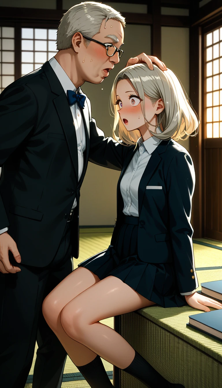 (nsfw:1.2),((One girl, 1 Elderly)), ((Skirt flip:1.4)), ((Old man grabs woman's skirt)), The old man laughs evilly, Huge breasts:1.7, Anime cel painting style, Highest quality, High resolution, Huge breasts:1.8, good, High leg panties,blue eyes, Purple Hair, bangs, Side Ponytail, hair ornaments, Embarrassing, fear, blush, View Viewer, whole body, Cowboy Shot:1.6, Crowded train、(((Completely naked:1.8)))