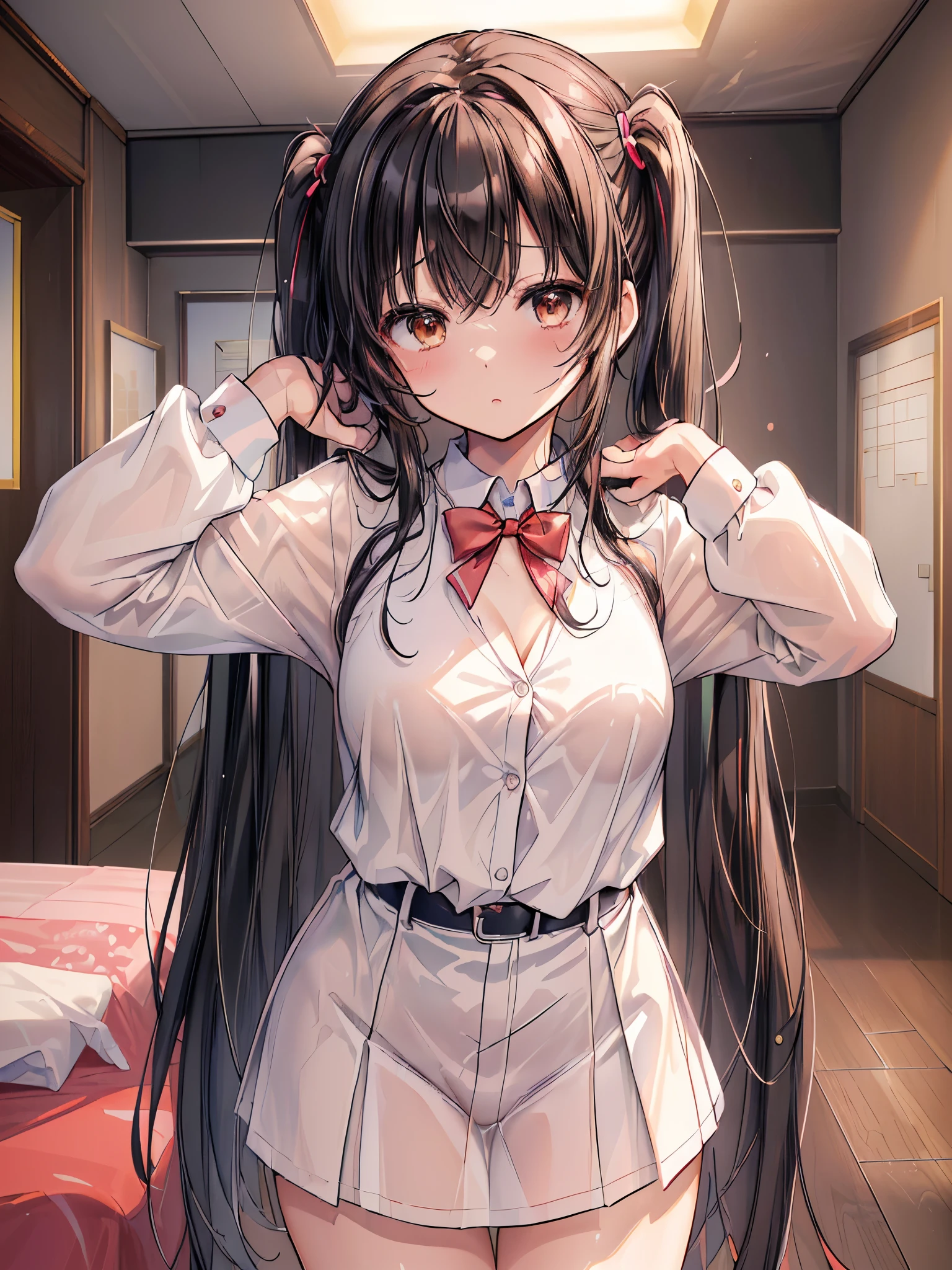 1 girl, (((( Masterpiece))), top quality, top quality, high detail, Azusa Nakano, 1 girl, Sakuragaoka High school uniform, musical instrument, school uniform, twin tails on legs, long hair, black hair, brown eyes, Alone, red, Run away from 。薄いredのリボンが付いたダークブルーのブレザー, plain white button shirt to wear under the blazer , Illustration of , cartoon, soothing tone , is dull, Soft Cinematic Light, Adobe Lightroom, Photo Lab, Hi-Res, complicated and very detailed , (((Deep Compositing))))). ((( Masterpiece))). ((( top quality))).) (( super detailed))). ((( Illustration of ))). ((( indoor))). ((( place your hand on your lower back)))). chest,(((room))). Dynamic Focus .小さなchest.