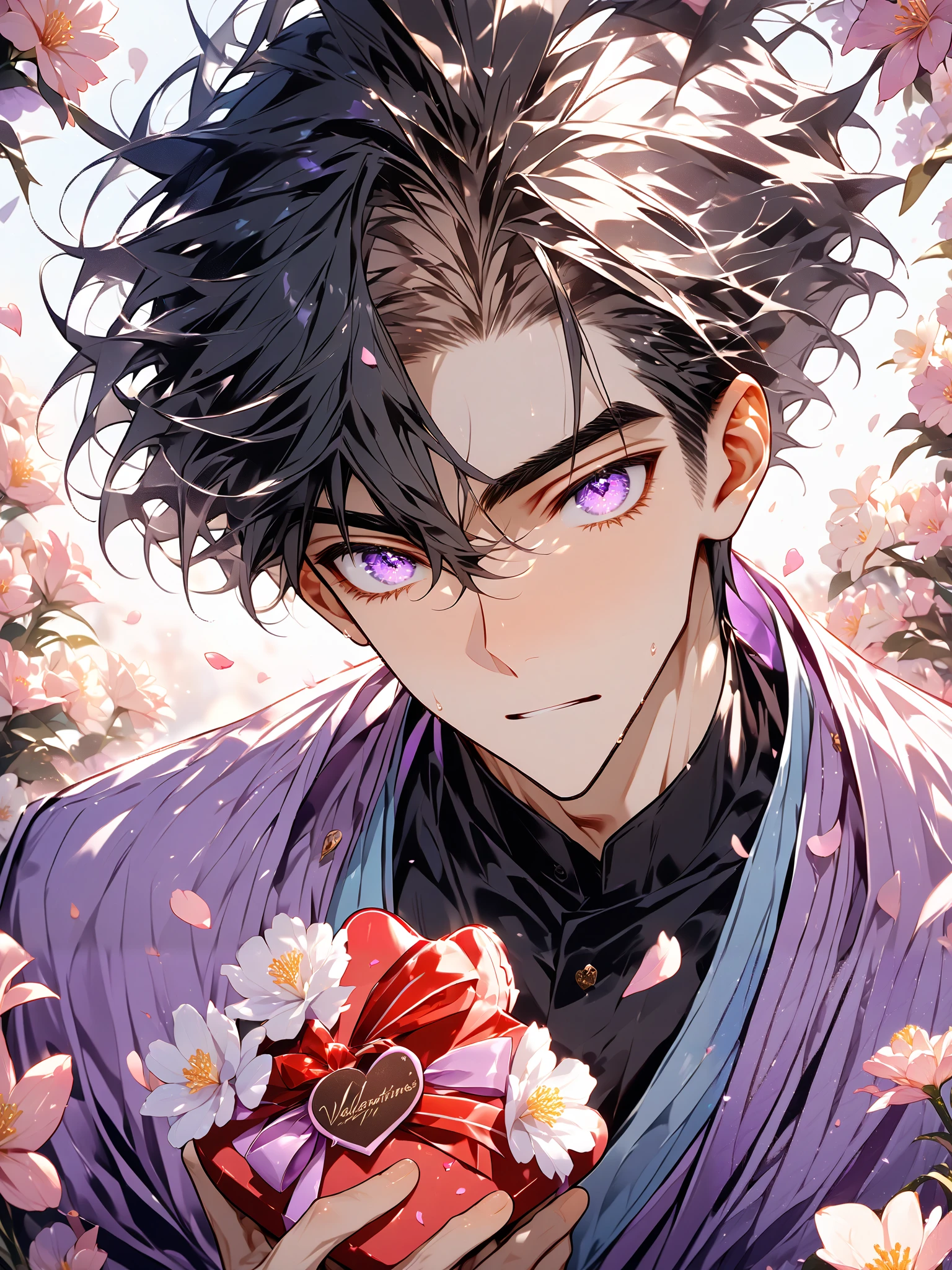 High Resolution, Masterpiece, Best Quality, male character , Handsome; black hair ; detailed eyes ; purple eyes, flower petals, valentine, pastel color, windy