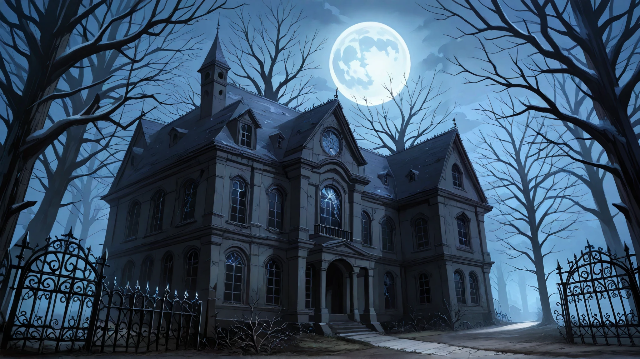 dark romantic illustration of a crumbling Victorian mansion, intricate architectural elements showing signs of supernatural decay, shattered windows with billowing gossamer curtains, bare dead tree framing a luminous full moon, ornate iron gate broken and chained, soft moonlight creating ethereal shadows, sense of forgotten history and spectral whispers