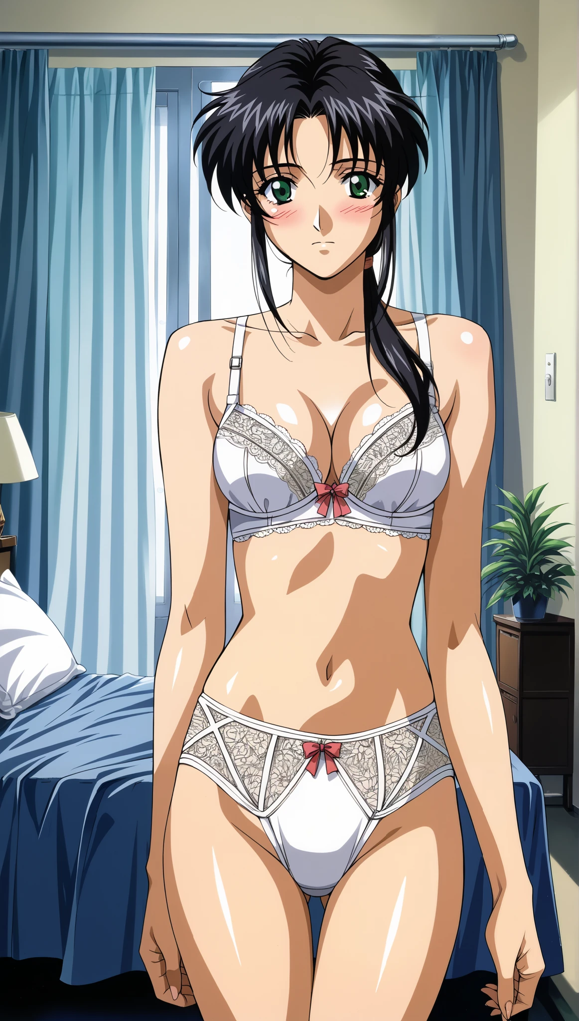 one  sexy girl 26 years old, hitomi kisugi,  azure lace thong, standing tall and dominant, self confident , smiling smug and aggressive, superb, sensual, ((fit and trained body with well defined muscles)), bedroom, dark haired, strong, long legged, posing