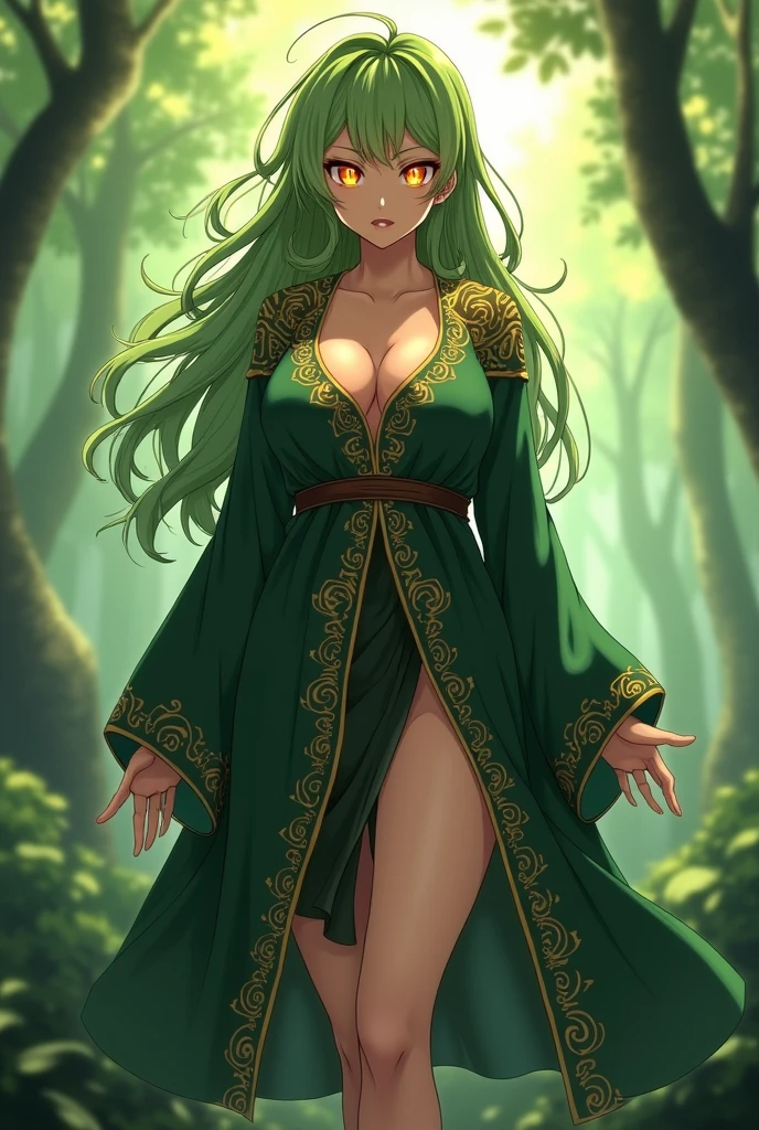 The Goddess of Harvest, druid, almost naked, leaves in hair, flowers in hair, very long green hair