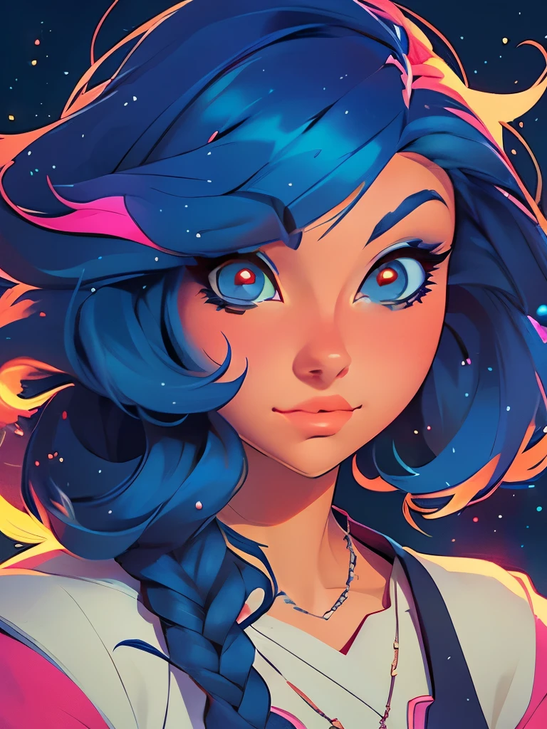 Close-up of a woman with colorful hair and necklace, anime girl with cosmic hair, Rossdraws soft vibrancy, Gouviz style artwork, fantasy art style, colorful], vibrant fantasy style, Rossdraws cartoon full of vitality, cosmic and colorful, Guweiz, colorful digital fantasy art, stunning art style, beautiful anime style, glowing hair