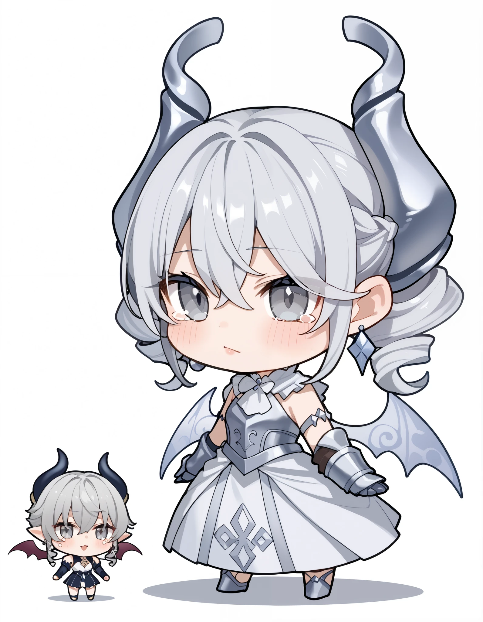 ( score_9:0.9), score_8_ up the side, score_7_ up the side,rating_safe,(zPDXL3),(zPDXL),
Masterpiece, complicated details,Anime,4K, top quality,Anime style,
lovely labrynth of the silver castle, demon horns, drill hair, grey eyes, grey hair, hair between eyes, horns, medium hair,
demon Wings, earrings, gauntlets, jewelry, low Wings, Wings, Long Skirt、
( chibi、whole body:1.8),
(cry、tears:1.3)、
white background、