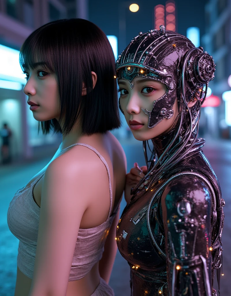 Killua and Gon(they are kiss each other),Attractive cleavage（(Security suits)）,full bodyesbian, semi-open strawberry lips, dimple, wistful look, ((Detailed face)), ((Detailed facial features)), (Fine fine skin), Fair skin and redness, （(Deep neckline detailing high-tech cyberpunk dress)）, cyberpunk mega city environment, (Cool colors), Pondering, (Masterpiece) (perfect aspect ratio)(Best quality) (Detailed) Shot on a Canon EOS R5, 50mm lens, f/2.8, hdr, (8K) (the wallpaper) (Cinematic lighting) (Dramatic lighting) (Sharp focus) (Intricate), Original photo, posing for camera, Black jeans, back arms, 8K, Ultra HD, Digital SLR, High quality, filmgrain, Fujifilm XT3