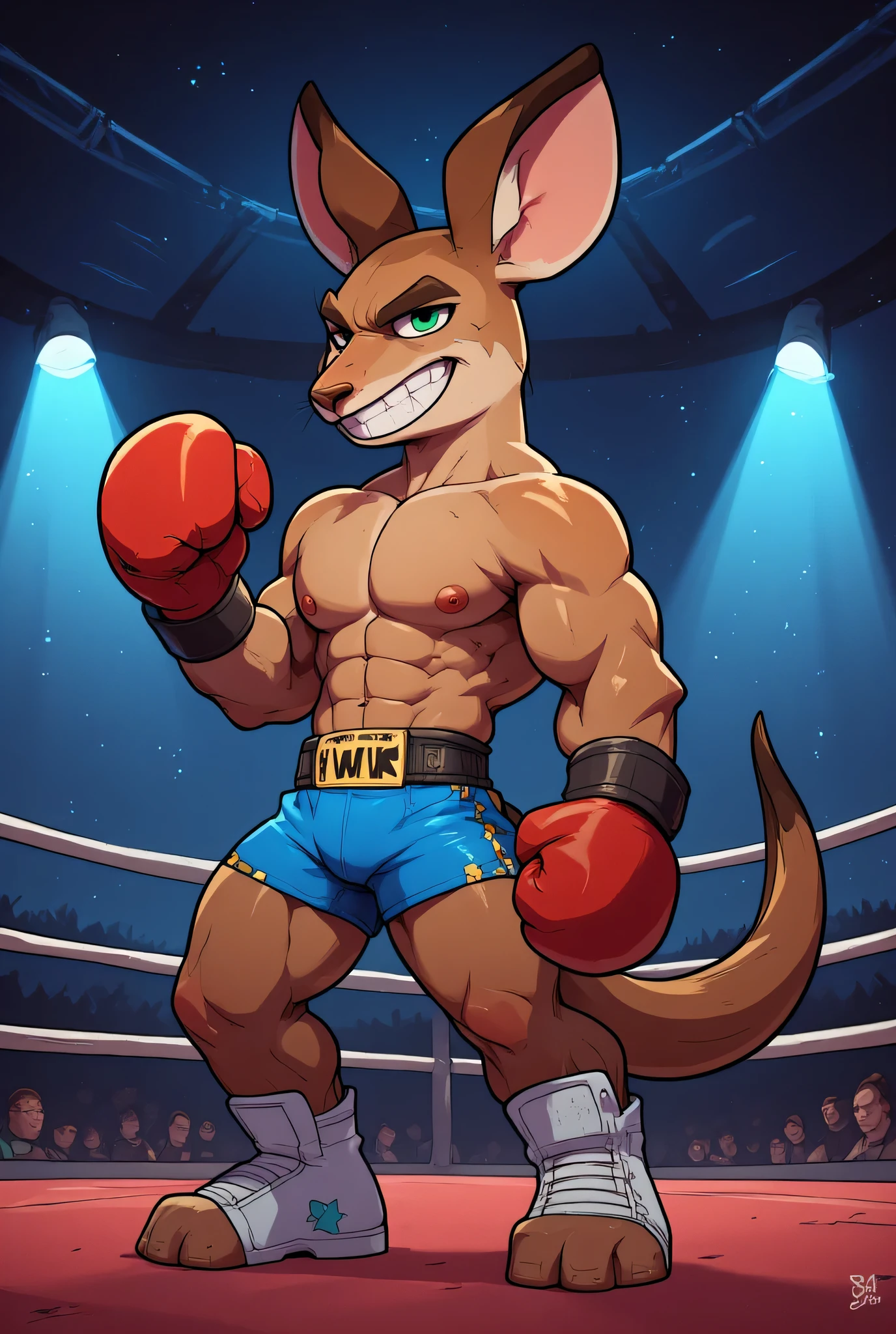 a giant muscular boxing kangaroo, red and gold boxing gloves,muscular body,blue and white shorts,cartoon eyes,long tail,(best quality,4k,8k,highres,masterpiece:1.2),ultra-detailed,cartoon,dynamic action pose,vibrant colors,cinematic lighting,highly detailed fur and muscles,powerful expression, teeths, ring background, night sky background