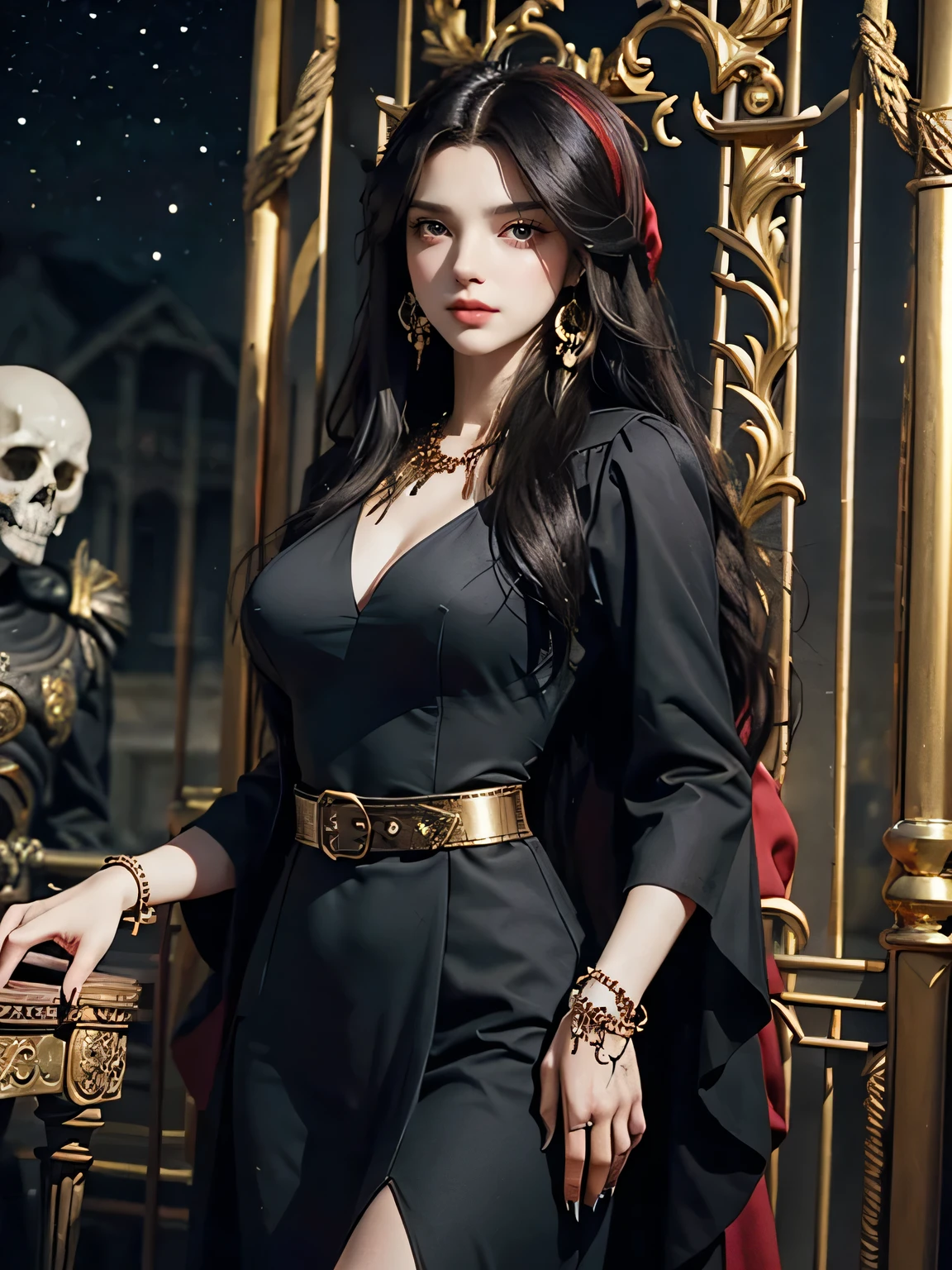 1 girl, solo, details, masterpiece, best quality, photorealistic realism, beautiful girl, long hair, black hair, skull headband, gold earrings, (((red eyes))), beautiful face, skull necklace, perfect body, large breast, open chest, black long dress, skull bracelet, gold earrings, gold belt, musical instrument, stand near ancient chair, dark sky, dark temple,
