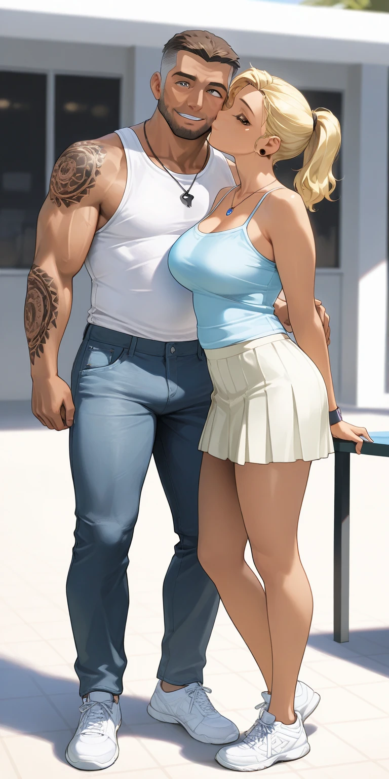 A couple, a tanned man with golden skinhead hair and a white woman with blonde hair tied up, blue eyes, and big breasts, holding hands, walking on the beach during the day.