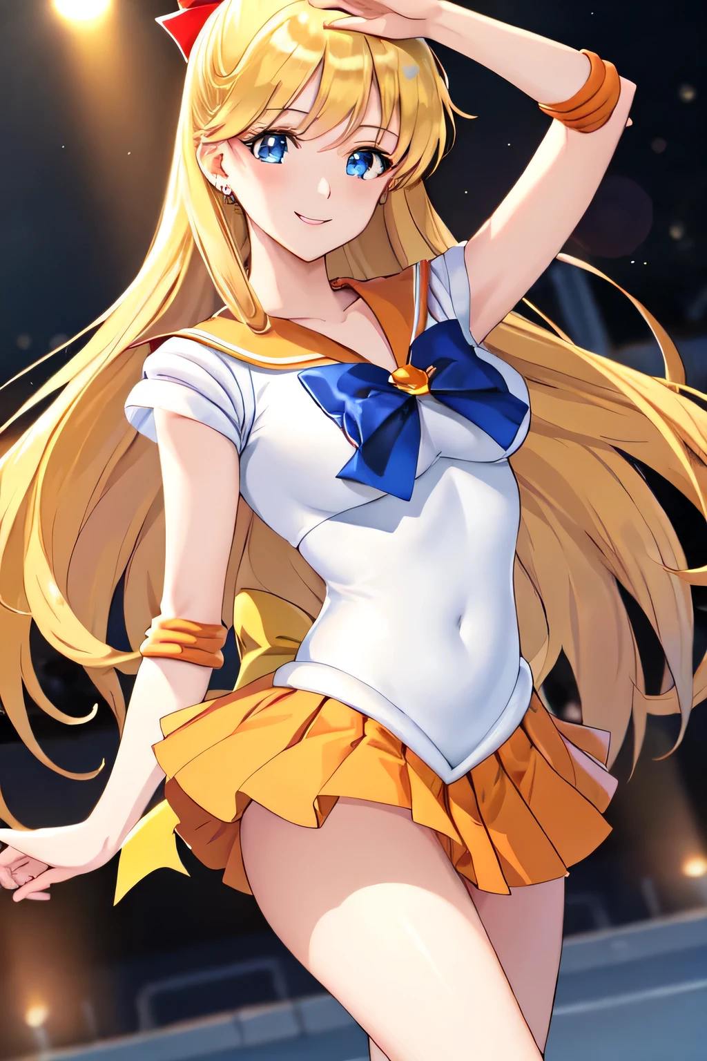 1boy and 1girl, Angle from the front, Angle from below:1.8, (Moonlit night)、(On the roof of a building)、thighs、(shiny White skin:1.6)、blue eyes, ((Slim figure)), ( girl), (evil grin), (Shiny blonde hair)、Long hair, (forehead), Blue ribbon on chest, (Big red ribbon), ((Sailor Venus))、Sailor suit、(Orange pleated mini skirt)、punching penis, ((attacking)), 1penis, under hair, scrotum、((eject cum)), (fighting pose)、((Amazon Position)), (The boy has his legs open)、