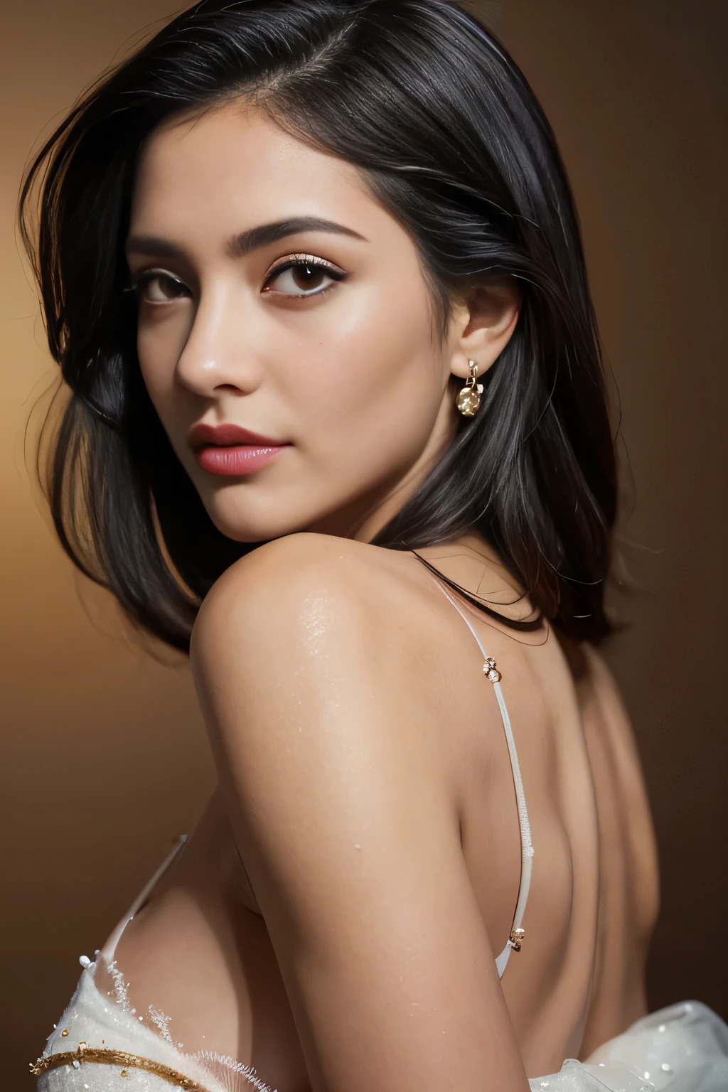 Draw a picture, (photorealistic:1.4), (hyperrealistic:1.4), (realistic:1.3), (smoother ((tropical sunset)) lighting:1.05), (increase Fujicolor quality:0.9), (absurd: 1.3), (best quality), (ultra sharp), RAW photo of (phenomenal model, 18 years old), (ultra detailed, 8K, ultra highres:1.2), realistic lighting, backlighting, light on face, ray trace, (brightening light:1.2), (Increase quality:1.4), (best quality real texture skin:1.4), finely detailed eyes, finely detailed face, finely quality eyes, BREAK (Brown) [sparkling eyes], [long eyelashes], Double eyelids, (looking at viewer), slim, well-muscled body, medium ass, very detailed hair, ((dark medium ((hair slicked to the side)), extremely detailed)), (Increase skin texture beauty:1.1), (light makeup, [pink lipstick], eyeliner:1.2), small diamond earrings, a gold pendant above her ((full breasts:1.36)), ((delicately dressed in airy elegant colored cloths)) velvety tanned skin, a gentle smile, a tempting look, (side shot),((from the Knee Up)),