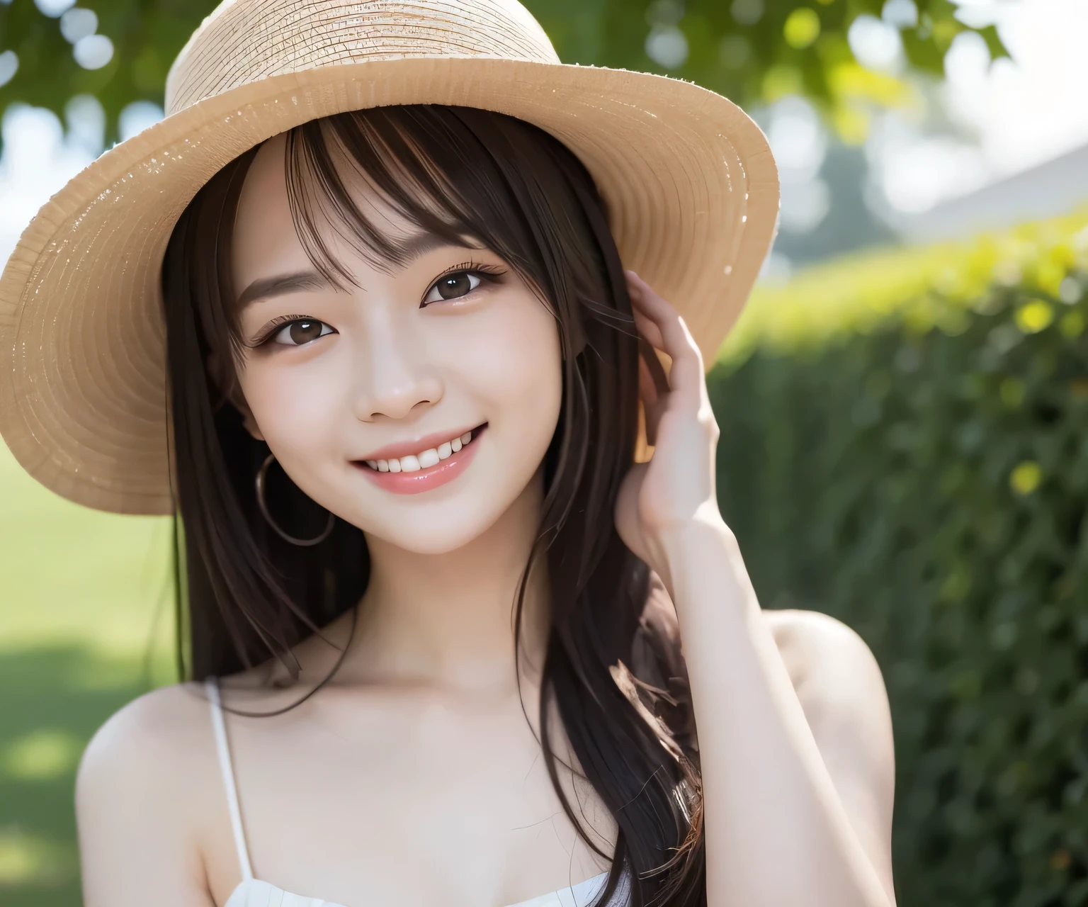 8k, RAW photo, best quality, masterpiece, realistic, photo-realistic, clear, professional lighting, beautiful face, best quality, ultra high res, a woman wearing a hat and smiling for the camera, girl, dau-al-set , a stock photo