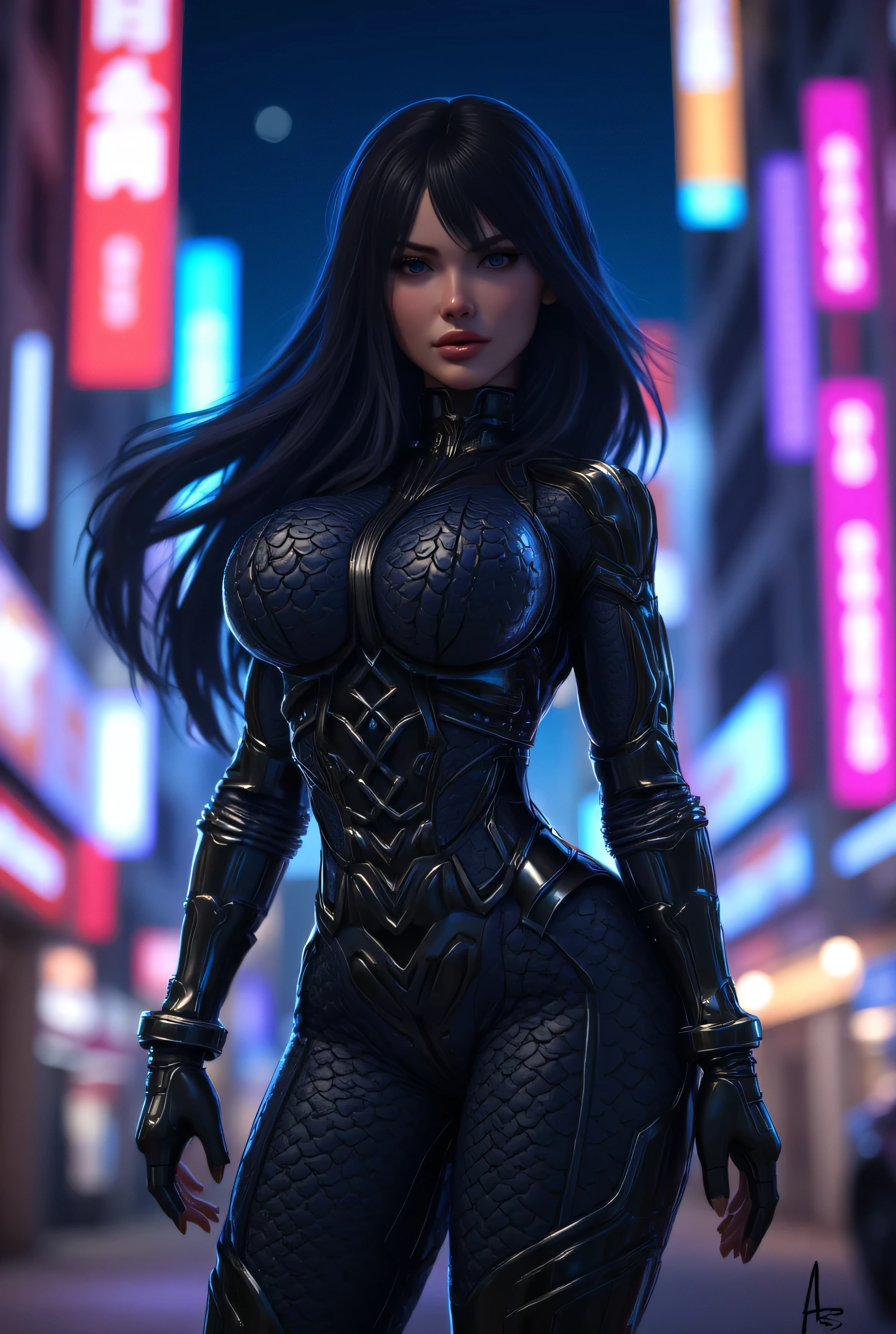 A superheroine in a dark grey dragon-scale bodysuit stands in a neon-lit city at night. Her suit is completely chiseled dark grey, form-fitting, and textured with non-glossy hard dragon scales. The scales are visible and smoked. It tightly hugs her figure, flexible material that allows for swift movement. Her long, dark hair flows behind her, and her sharp, focused eyes scan the streets. She moves with stealth and precision, her gloved fingers ready for action. The city lights flicker around her as she prowls the streets, a silent and deadly protector of the night.. perfect lighting, medium breasts, wide hips, slim body, anime coloring, huge bubble ass