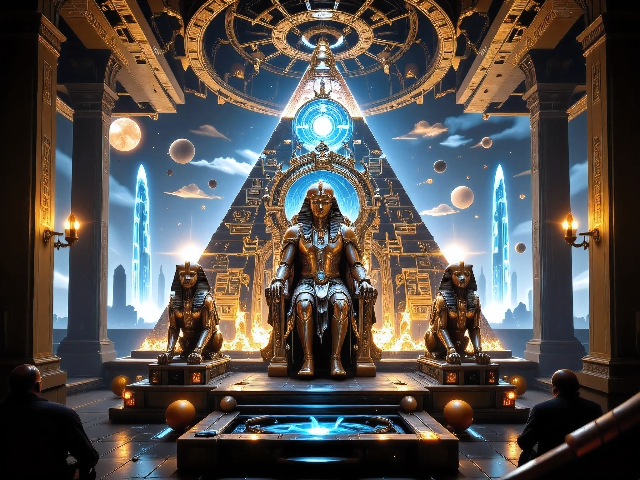 A regal AI-enhanced Pharaoh sits on a golden throne inside a cybernetic pyramid, surrounded by holographic hieroglyphs and robotic sphinxes. The atmosphere blends ancient Egyptian grandeur with futuristic elements, illuminated by digital torches casting soft, even lighting. The futuristic Nile flows with shimmering blue energy, and the skyline features towering techno-obelisks. No overexposure or excessive grain, maintaining sharp and balanced visual quality.