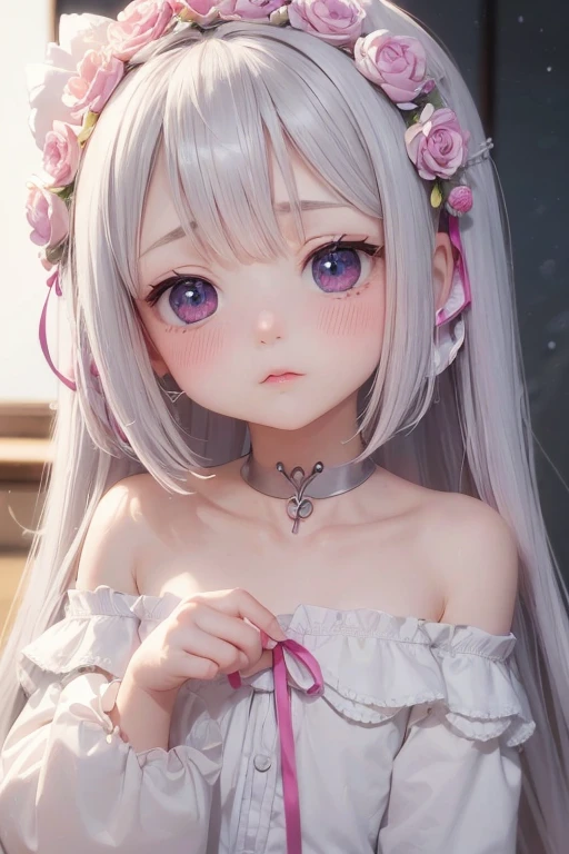 (beatiful eyes finely detailed, face to detail)((long straight silver hair, round bangs, violet eyes, cute, elegant)) (full body:0.8), white frill dress, contemptuous facial expression, on top of sofa, middle age bedroom, night time, masterpiece, top-quality, detailed, high resolution illustration, jang wonyoung face.