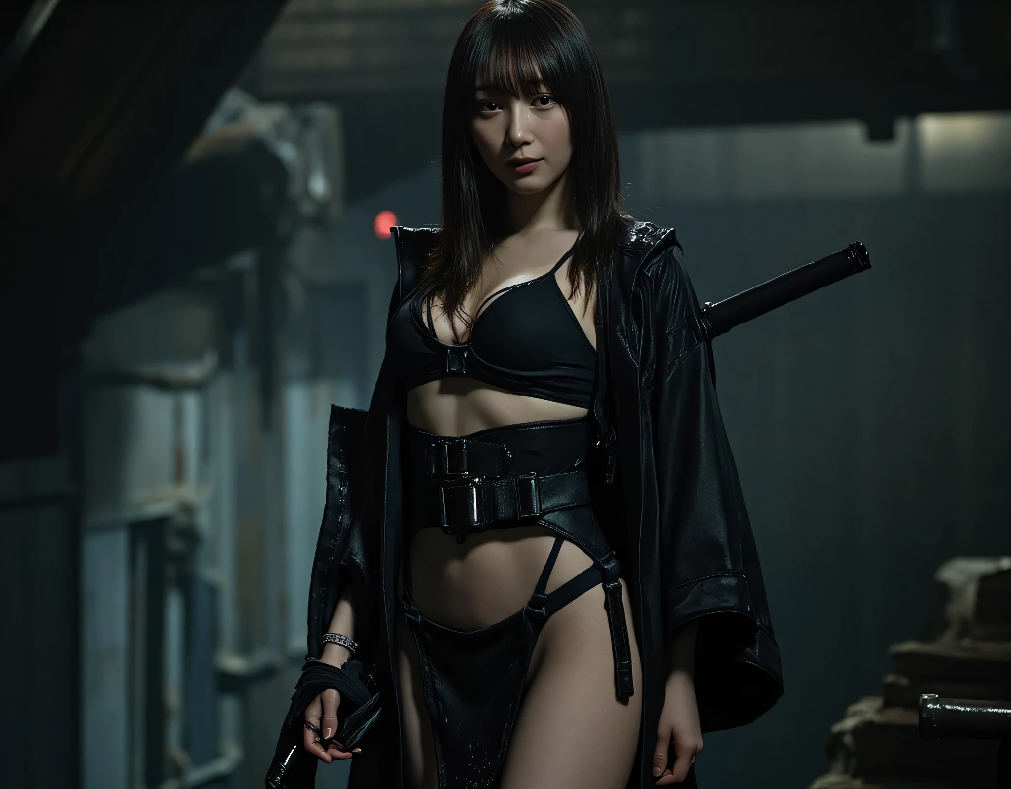 ((Slim Model body type:2.0)),(((Dark Nostromo boat pool :2.0))),((( HR Gigger Style Cyberpunk Atmosphere :2.0))),(((Hold a cyberpunk-style Japanese sword:2.0))), Standing,((whole body:2.0)), one woman,( cute face),(Beautiful well-balanced face ),(( natural big breasted :2.0)),( black hair:1.5),( beautiful eyes:1.3), glamorous shot of a 20 year old Japanese woman , Slender Beautiful Body ,((Model body type:2.0)),(( slim body with hot water:1.7)), perfect body line , Ideal Proportions ,((underboob:2.0)),(( big breasts:2.0)),((F cup breasts:1.5)),Big Breasts,Bare thighs, sensual thighs, delicate body,( Muscular:1.5),A harmonious posture,(Realistic breast depiction :1.5),(Realistic depiction of areolas:1.3), carefully depicting limbs based on perfect anatomy,((Futuristic Samurai Style Black Micro Bikinis :2.0)),(((The black sparrow :2.0))),(( Samurai Kimono Style Military Coat with Front Open Over Micro Bikinis:1.7)),(ear monitor:1.5),((Tactical Holster:1.5)),( gloves:1.3), concept art with,( top quality:1.5),( Masterpiece:1.5),(Super high resolution),resolution,UHD,( delicate depiction), carefully drawn with butterfly wings ,32K,(( realistic skin texture:1.5)),((( super realistic :1.5))), eyelashes, very detailed face,Highly detailed female hand,Sexy appearance,Very sensual,(Blurry Dim Backgrounds :1.5), professional photography,( Movie Lighting:2.0),(( Blade Runner Style Lights :2.0))