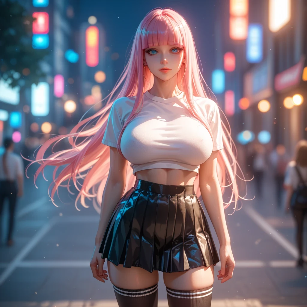 Zero Two Darling en el Franxx,, 1girl, solo, bikini, sexy, big breast, mini plaid skirt, Underboob, Bare Boobs, Big Boobs, Black X Sticker On Boob, Smiling At Camera, Bunny Pose, Sexy Pose, Bottom View, Behind View, Micro Mini Skirt, Stocking with garter belt, perfect body, We see her slim and tight ass, wet ass, pink hair, she is in a street Day Light City cyberpunk, 8k, real skin, realystic, HDR, ultra resolution, light leaks